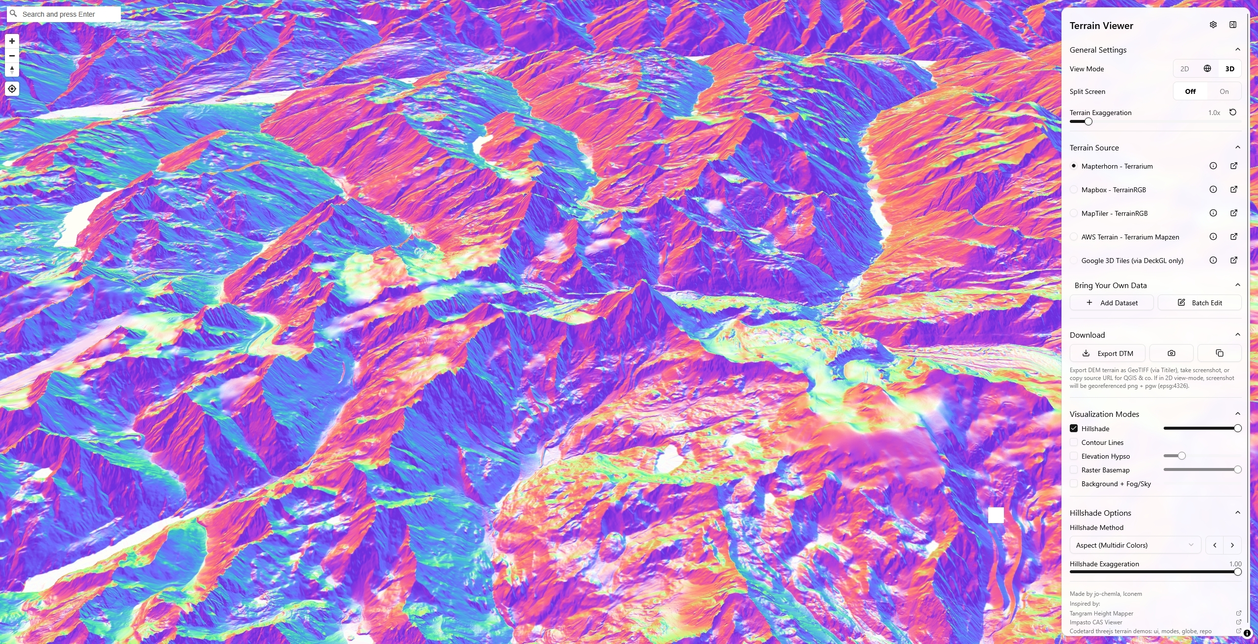 Hillshade Method set to Aspect (Multidir Colors) — the colored/aspect-tinted variant, split against a Combined grayscale hillshade