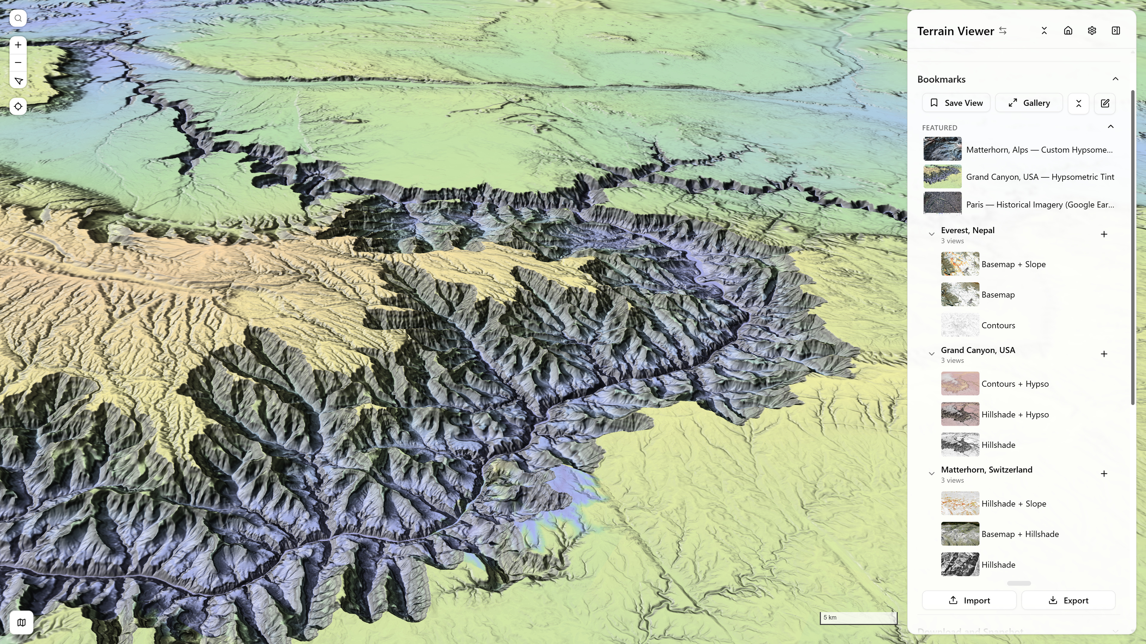 The Bookmarks section: Save View, Gallery, and three saved projects (Grand Canyon, Patagonia, Matterhorn) each with multiple visualization-mode views