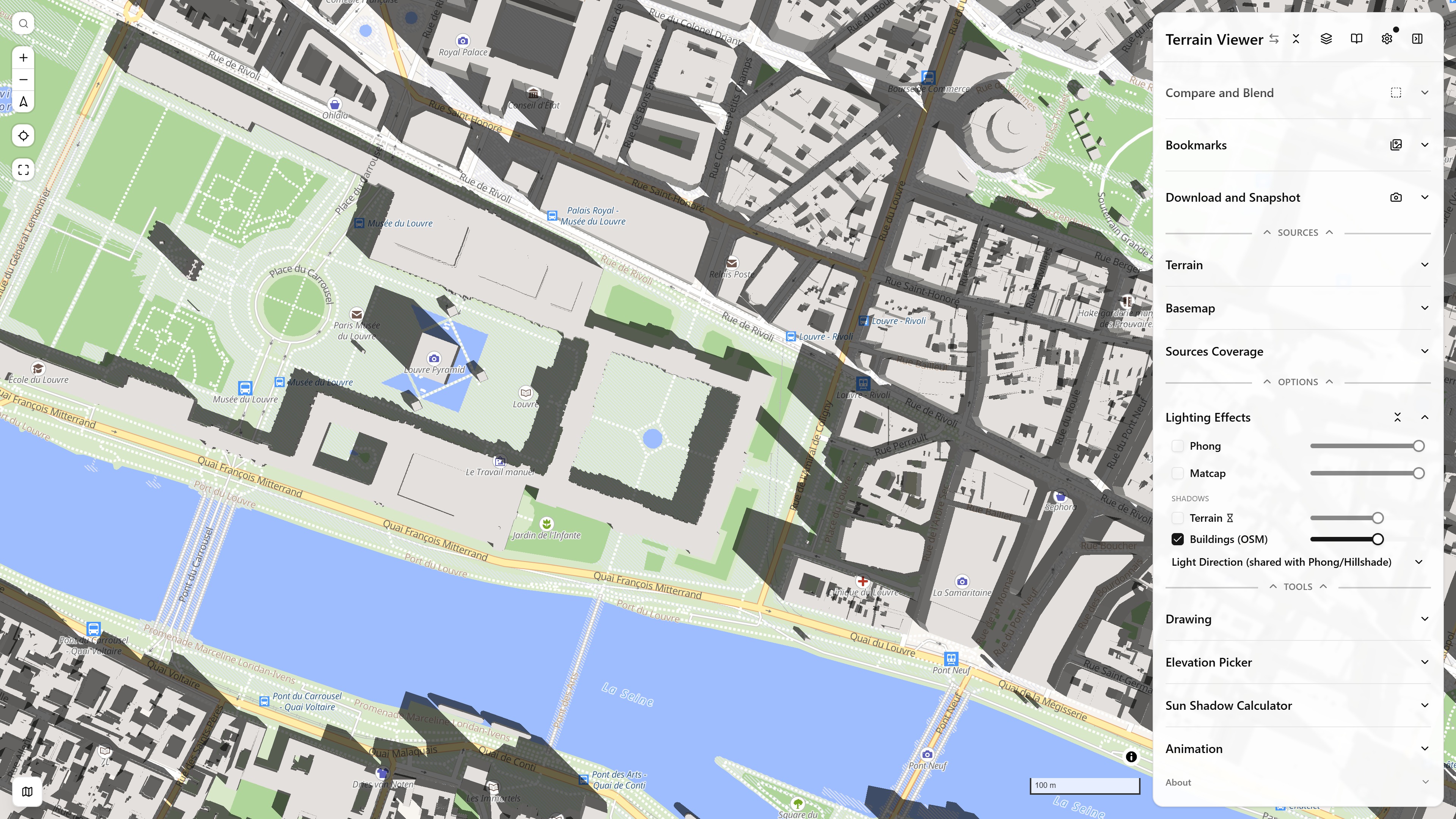 Building shadows over the Louvre on the OpenStreetMap basemap: the shadows of the OSM buildings cast north-west by a low south-east sun, with the Lighting Effects panel open on Shadows → Buildings (OSM)