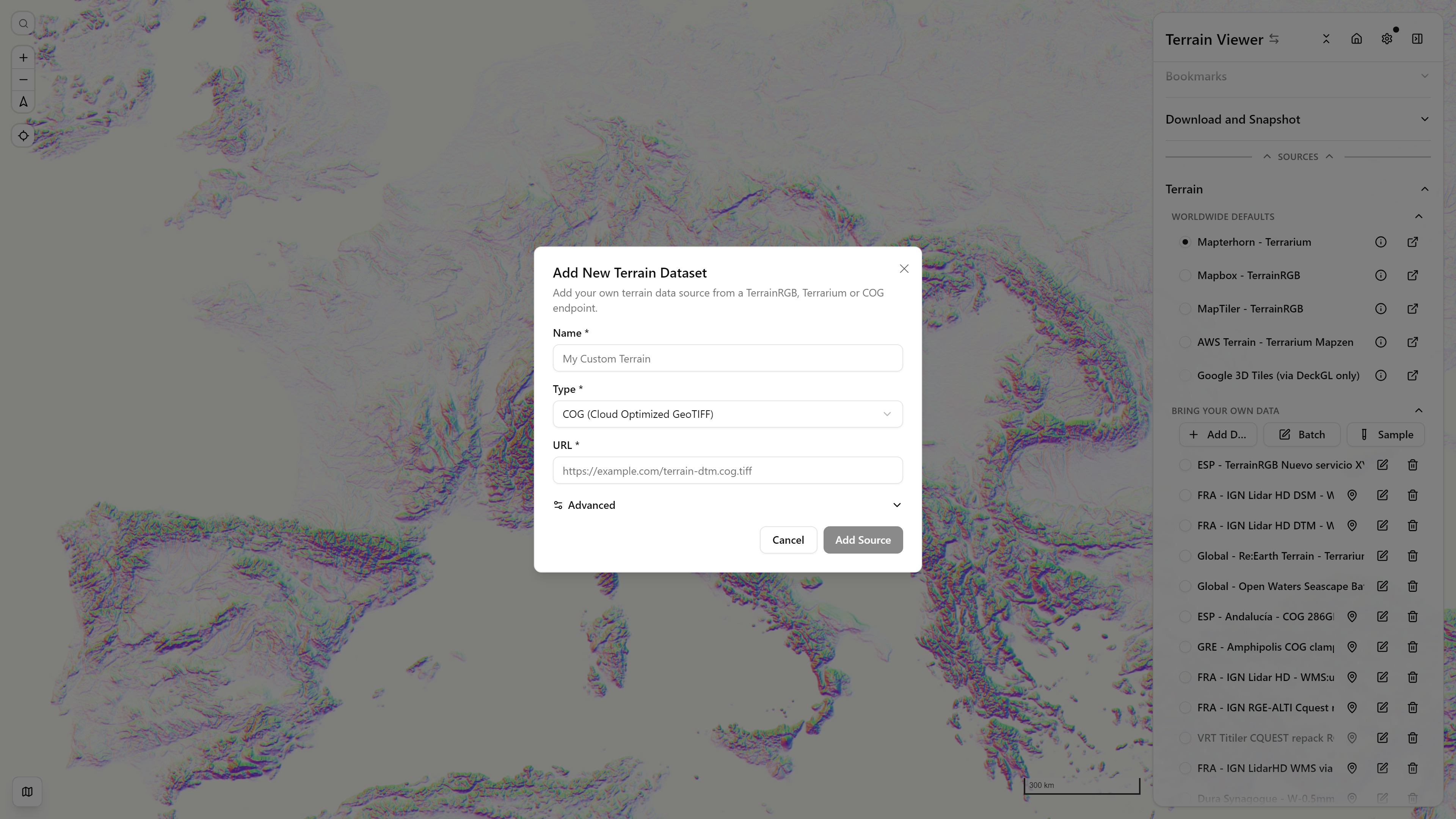 The Add New Terrain Dataset dialog, with the full built-in terrain source list behind it