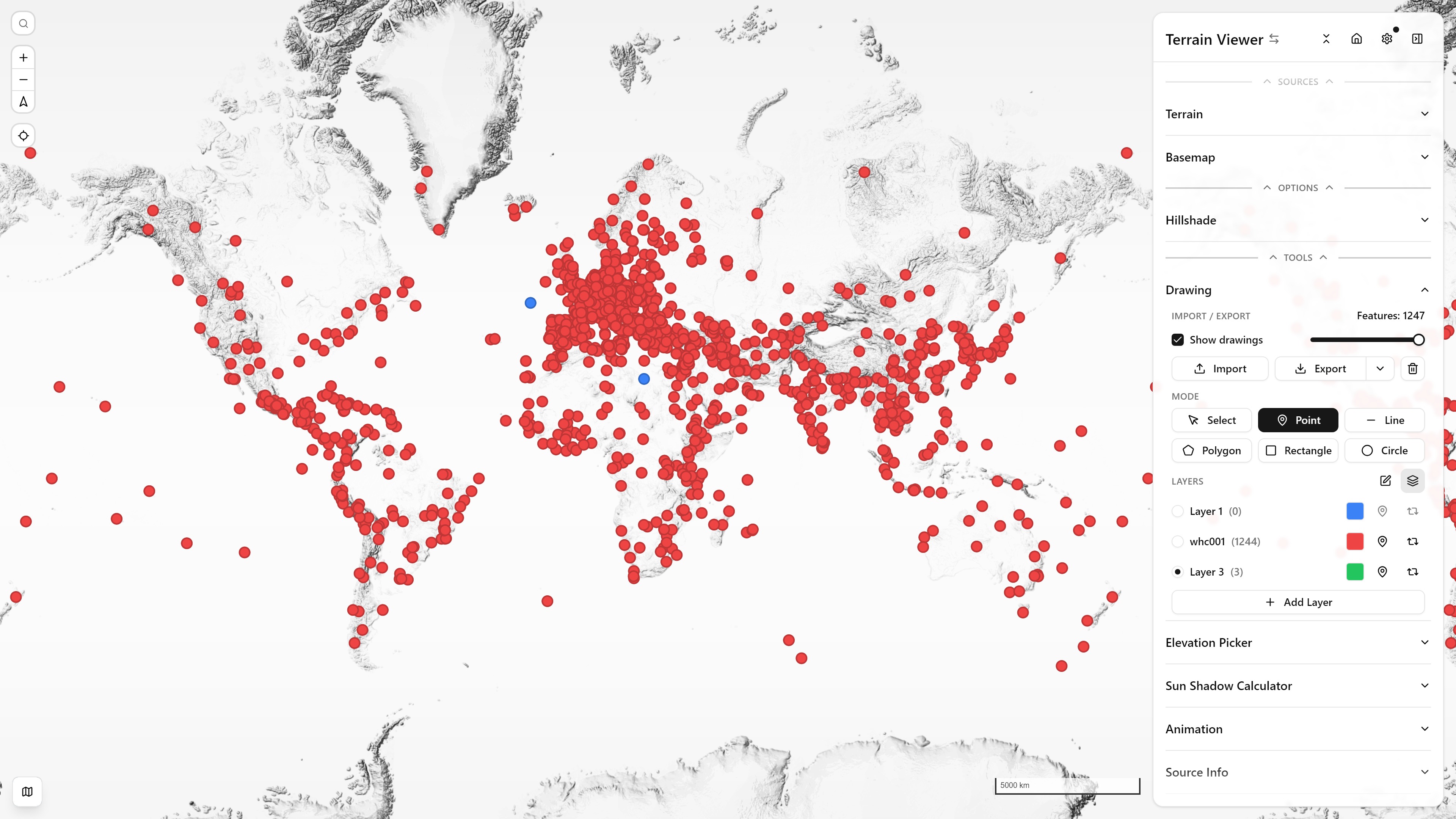 The Drawing tools panel, with an imported GeoJSON layer of polygons plus a second hand-drawn layer of points