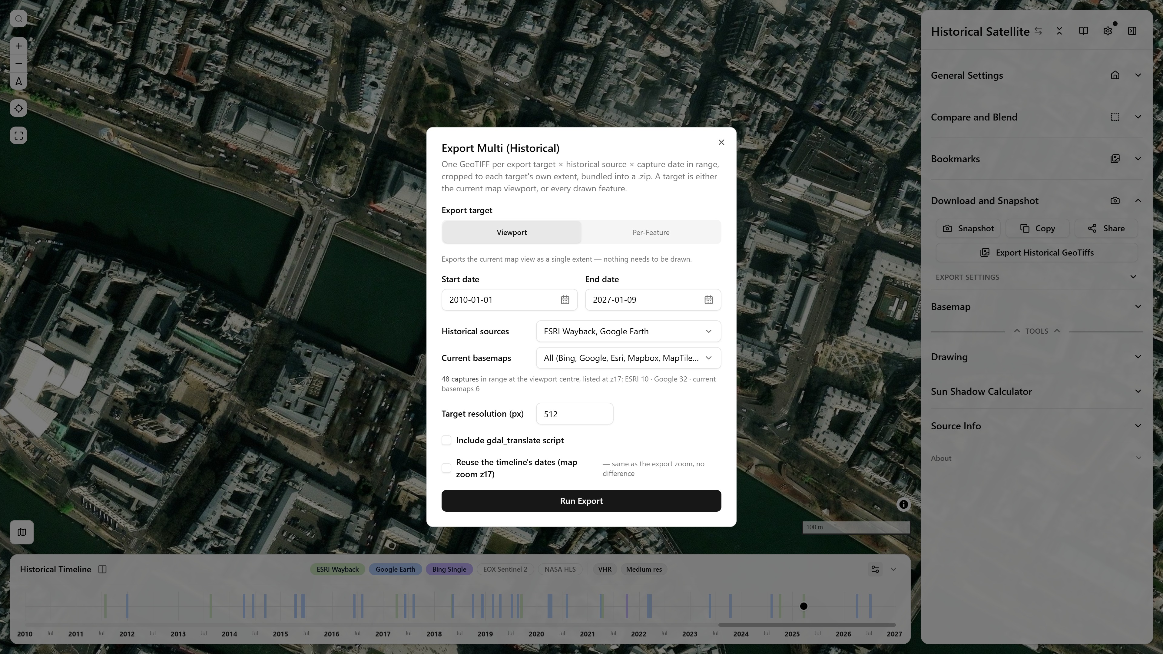 The Export Multi (Historical) dialog in historical mode: Viewport or Per-Feature target, a date range, the historical sources and current basemaps, 48 captures counted at the viewport centre, target resolution, and Run Export