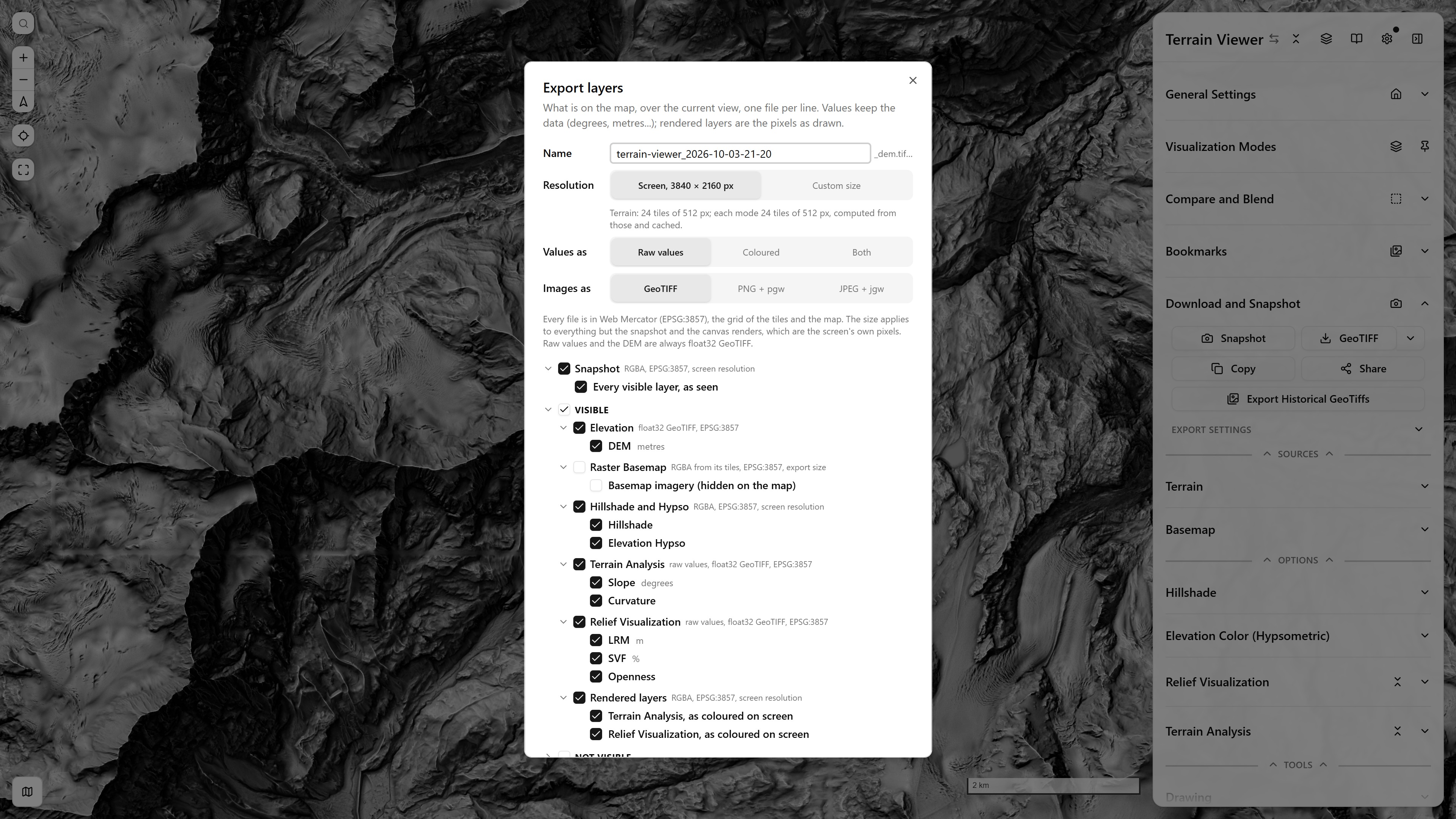 The Export layers dialog: name, Screen or Custom size resolution, values as raw or coloured, images as GeoTIFF, PNG or JPEG, then the Visible and Not visible trees with the DEM, the basemap, hillshade and hypso