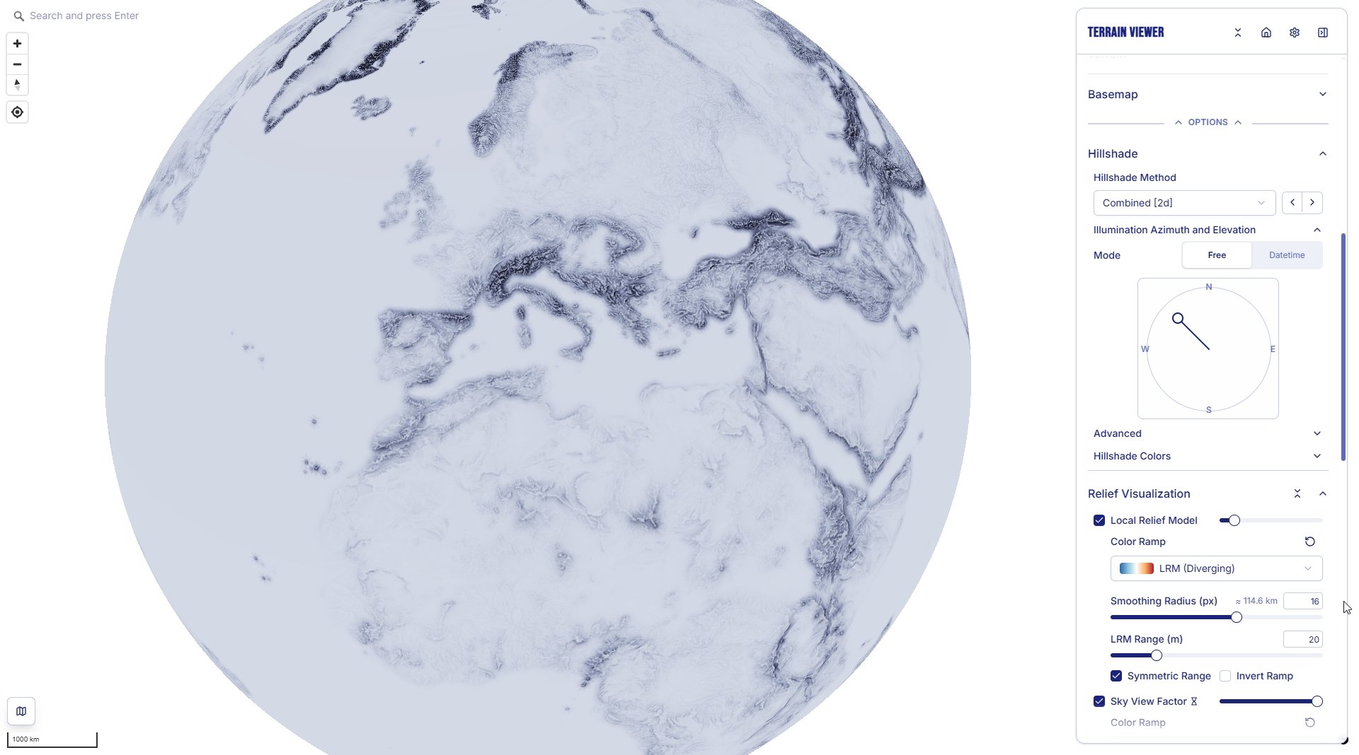 Globe projection, with LRM and Sky-View Factor's Relief Visualization controls open