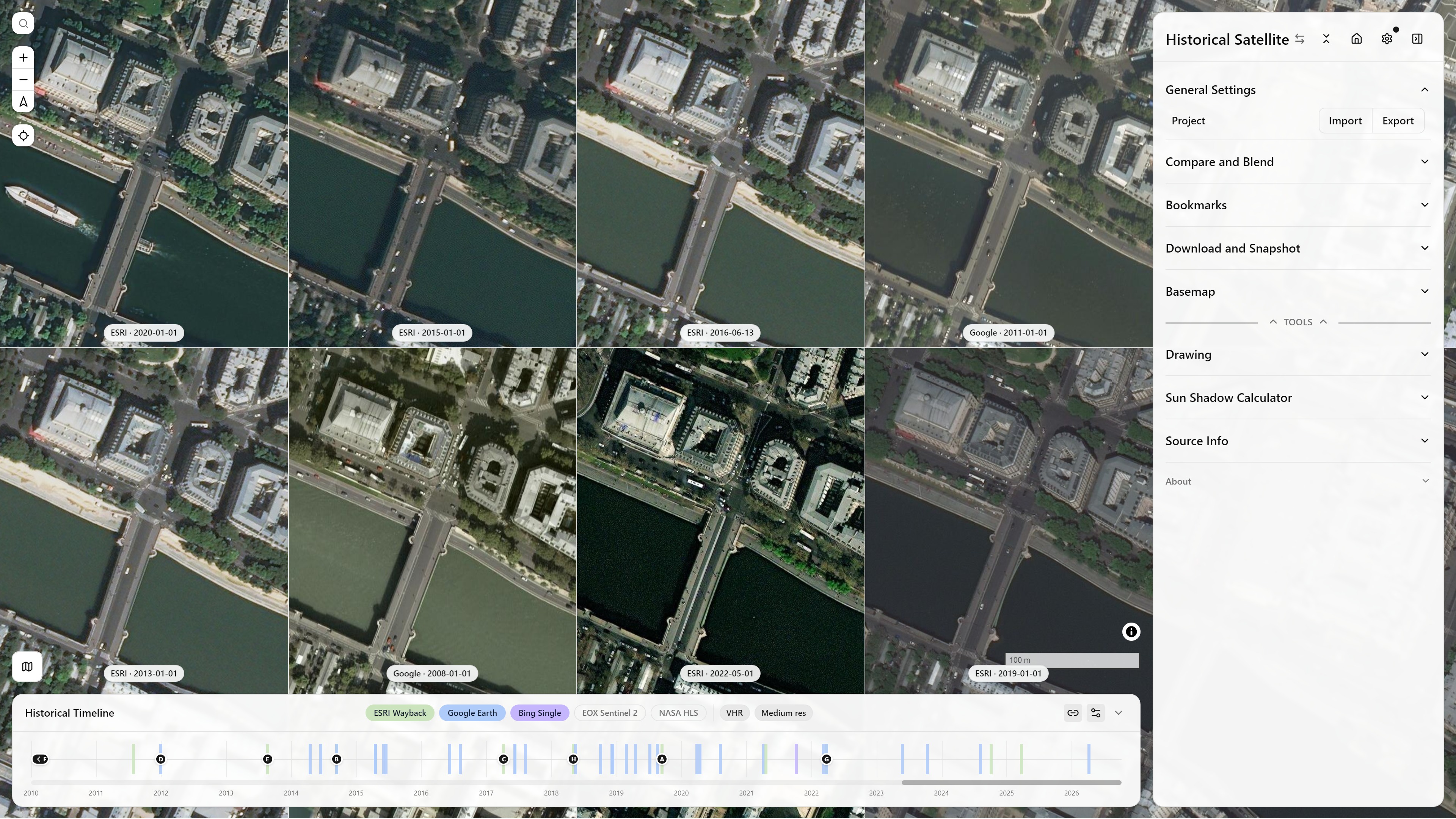A 4x2 historical imagery grid — 8 views, each with a different provider (ESRI Wayback, Google Earth Historical) and capture date
