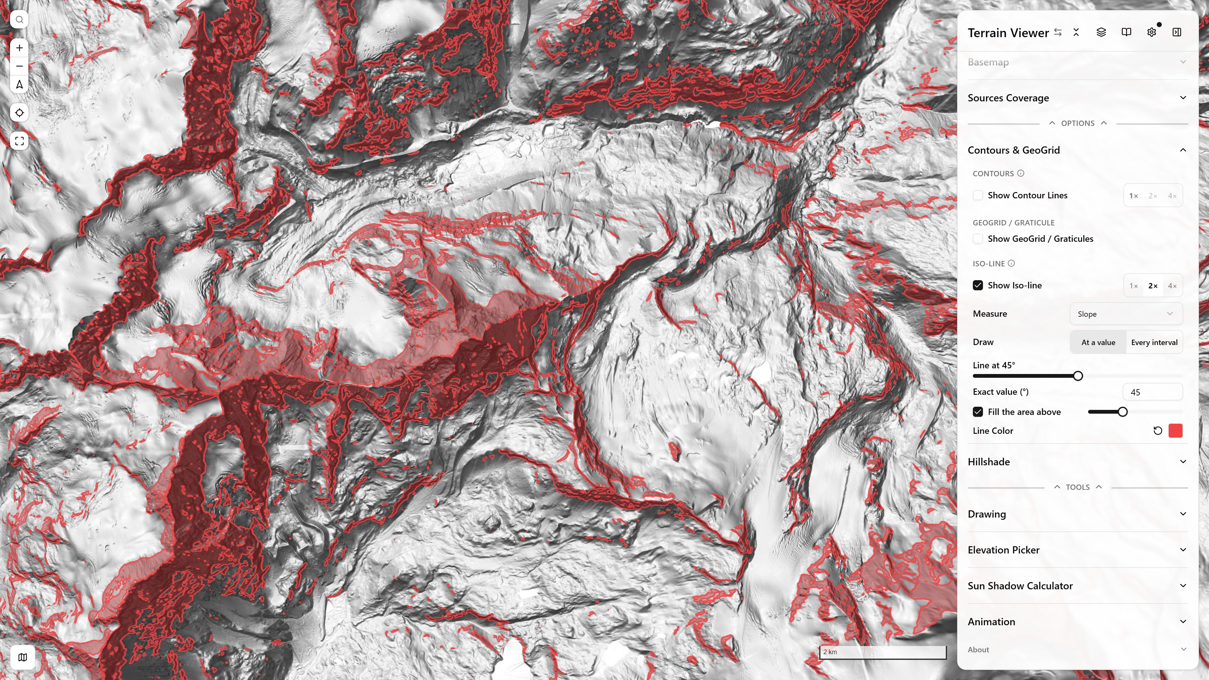 An iso-slope at 45° with its fill over the Matterhorn hillshade: the red line where the slope crosses 45°, the area steeper than 45° filled in light red, with the Iso-line controls open