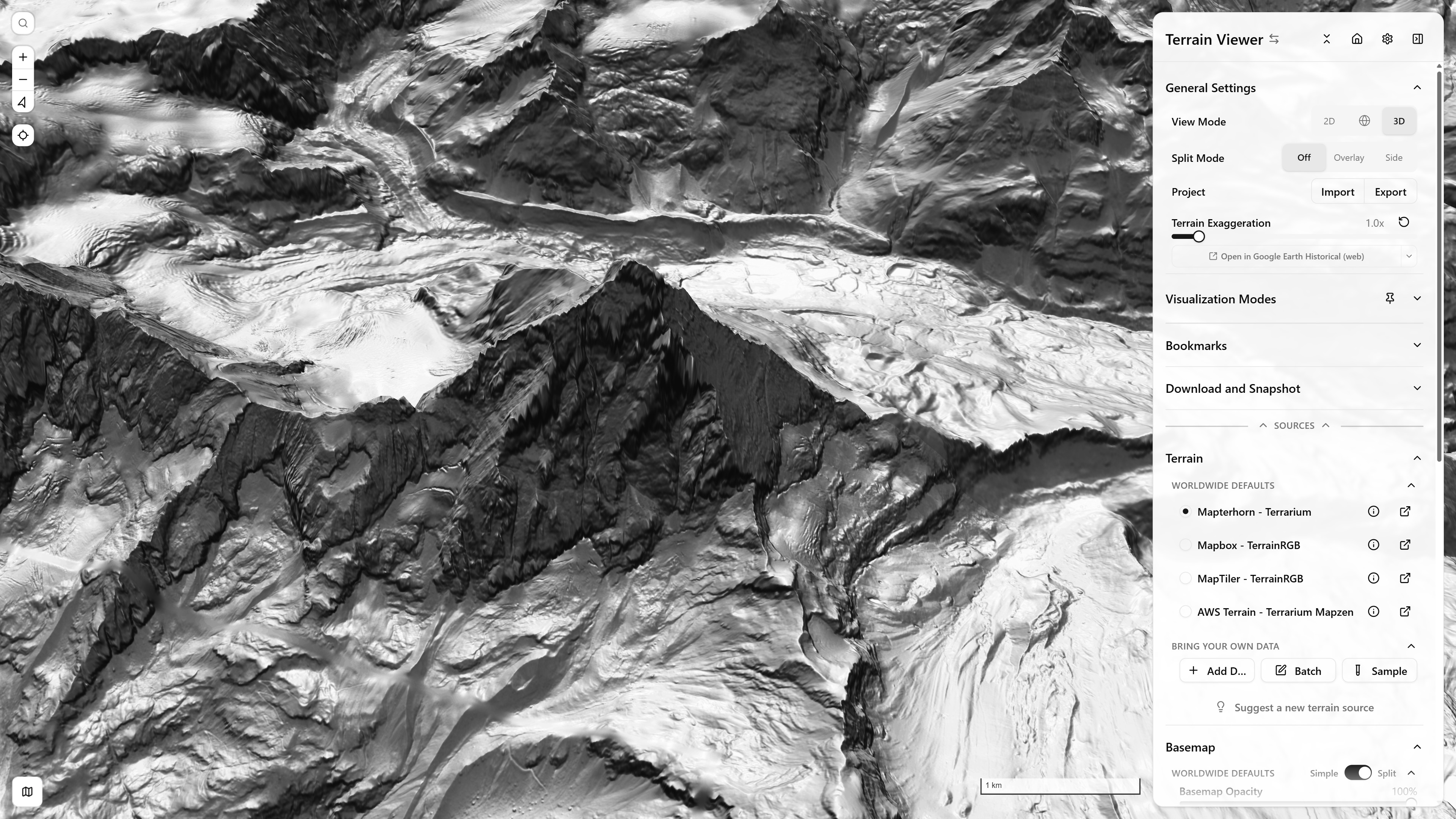 A single pane: pure Hillshade, tilted, Split Mode Off