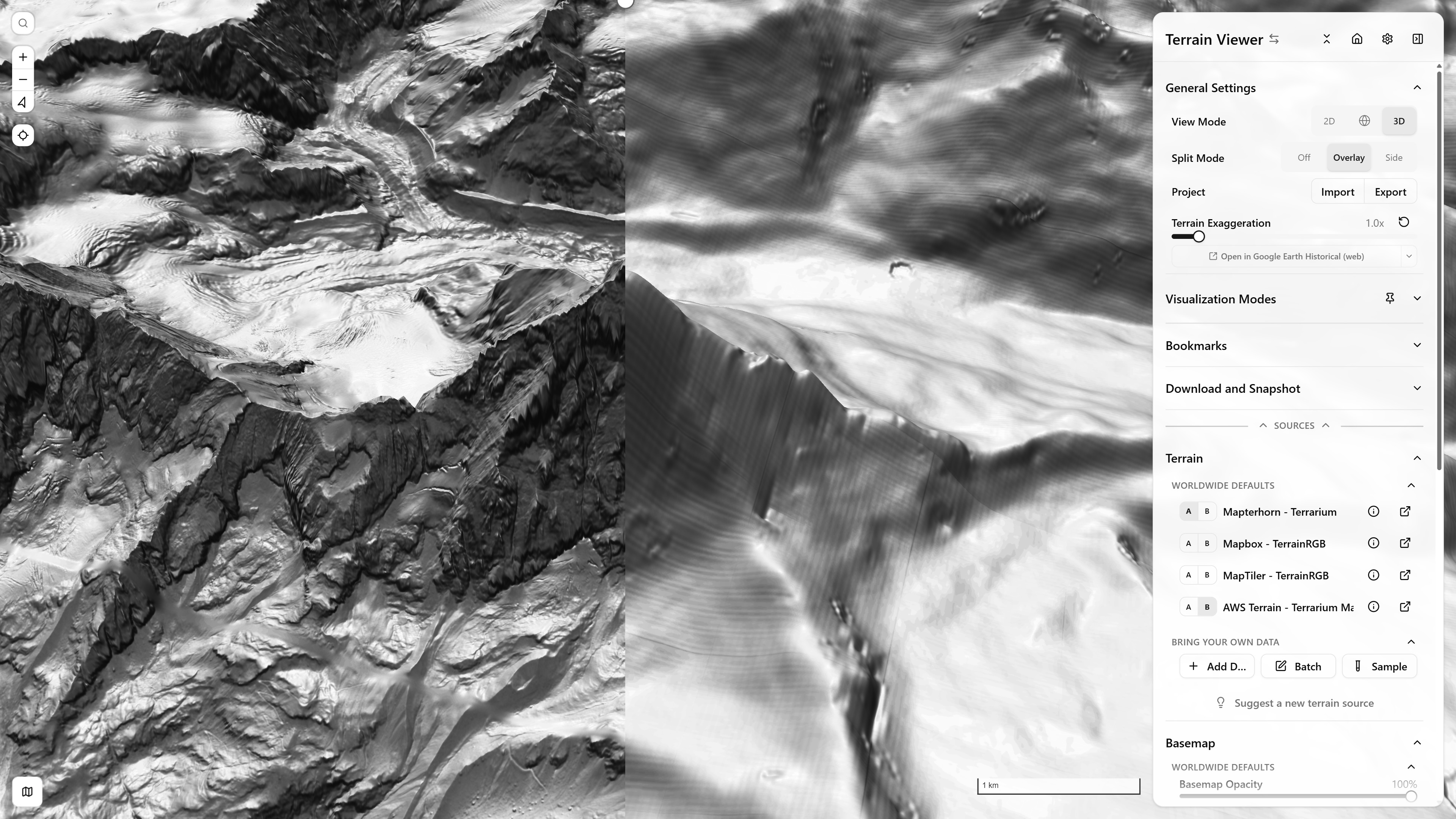 Two terrain sources (Mapterhorn / AWS Terrarium) blended in Overlay mode, with a visible clip gutter