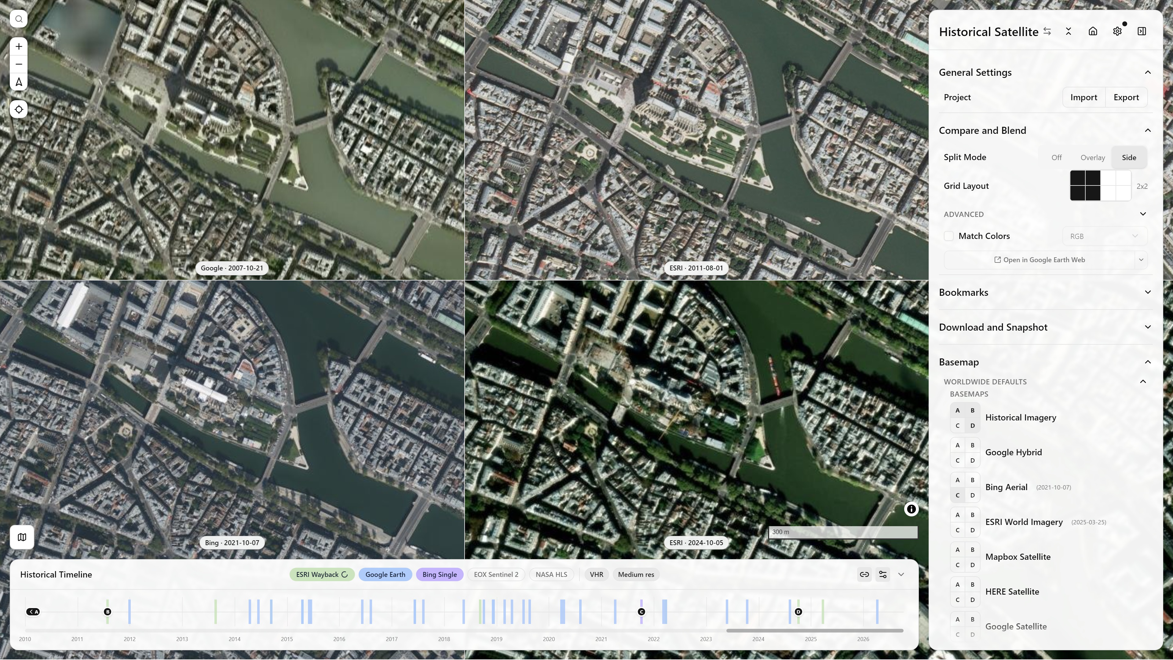 Historical Imagery grid mode, 2×2, mixing Google Earth Historical, ESRI Wayback, and a live Bing basemap across four capture dates