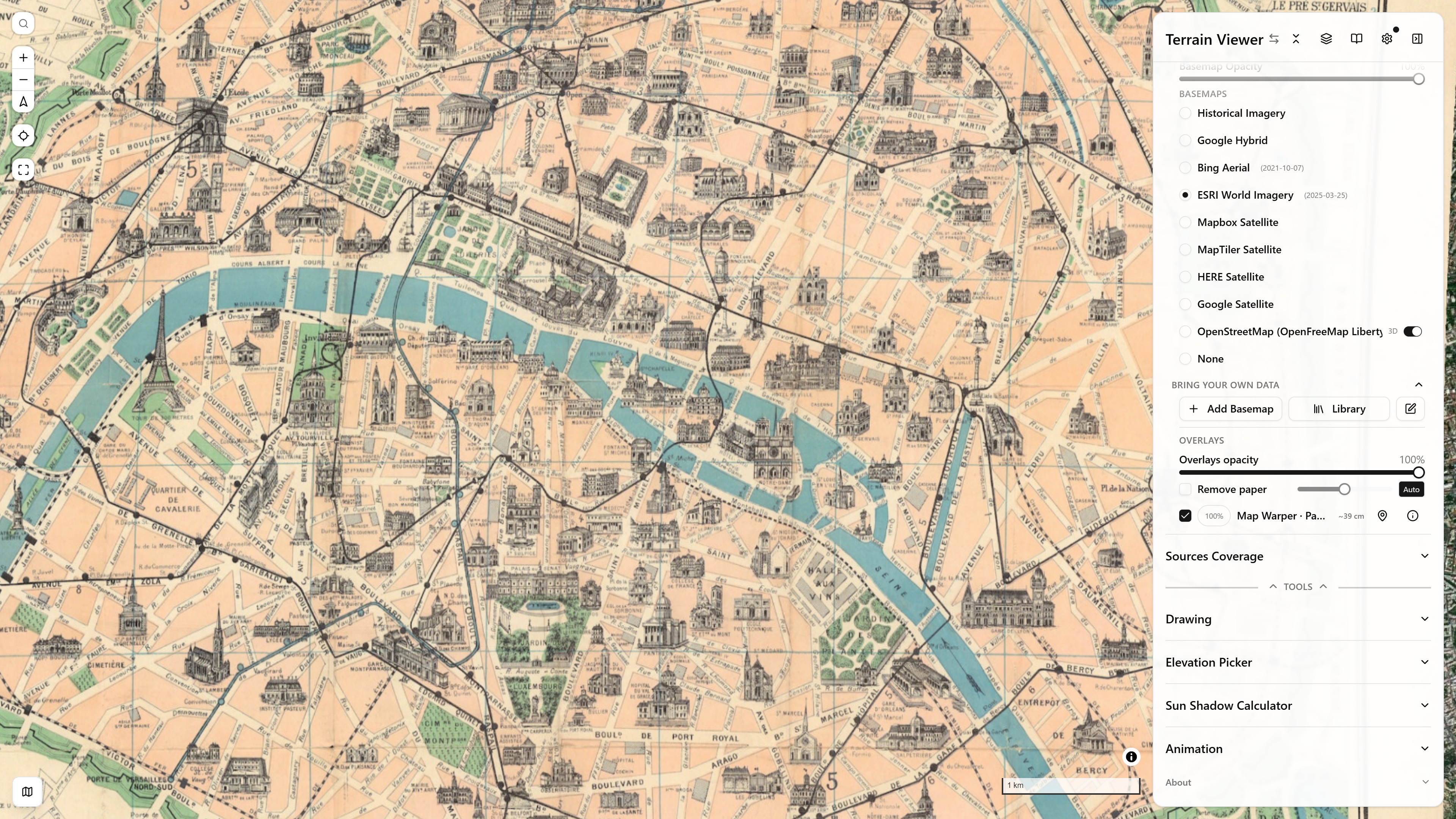 Map Warper's Paris 1905 as an overlay over ESRI World Imagery, Remove paper off: the cream paper of the sheet hides the imagery