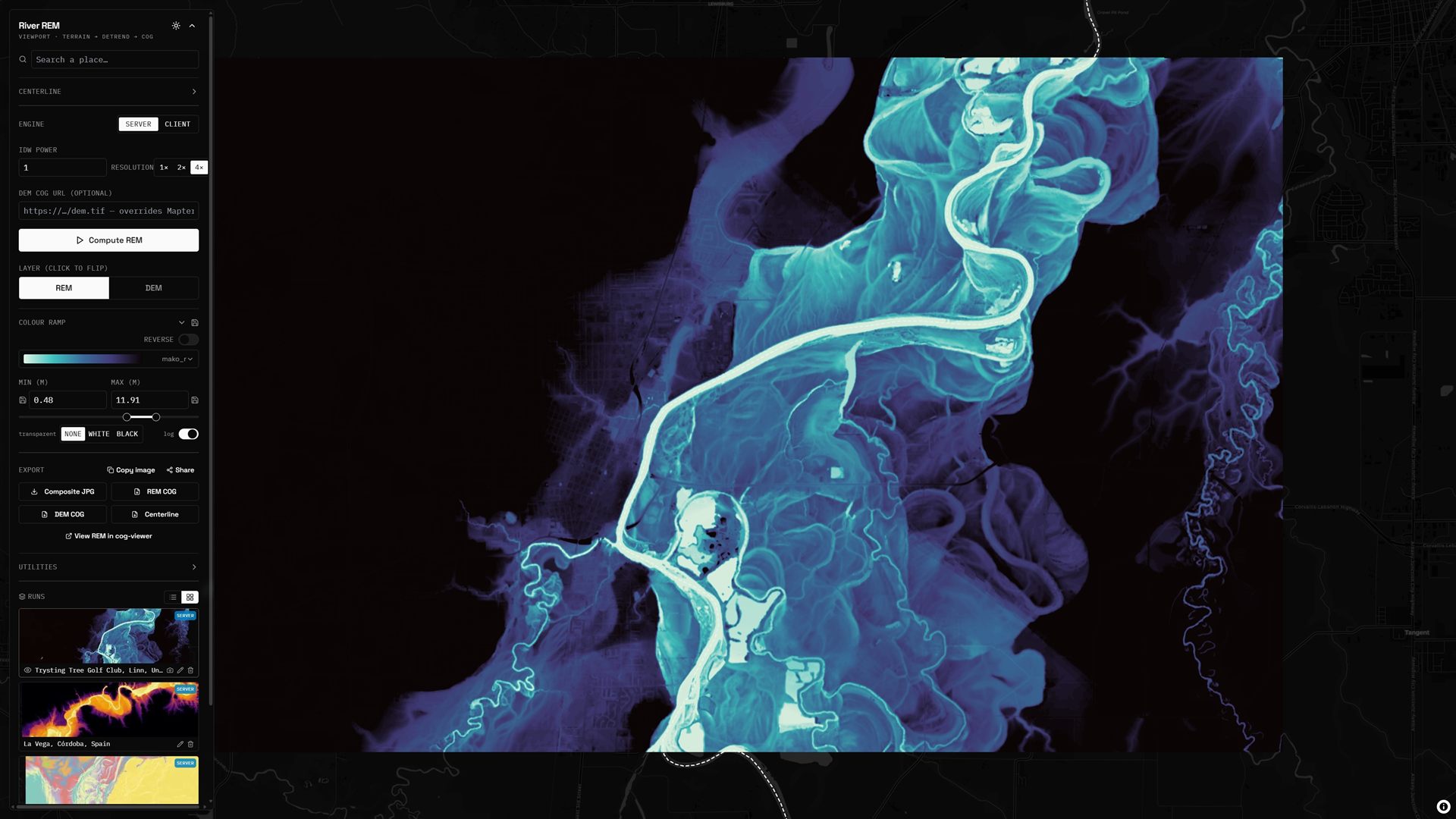 River-REM over a meandering floodplain — REM color-relief styling with the run controls sidebar