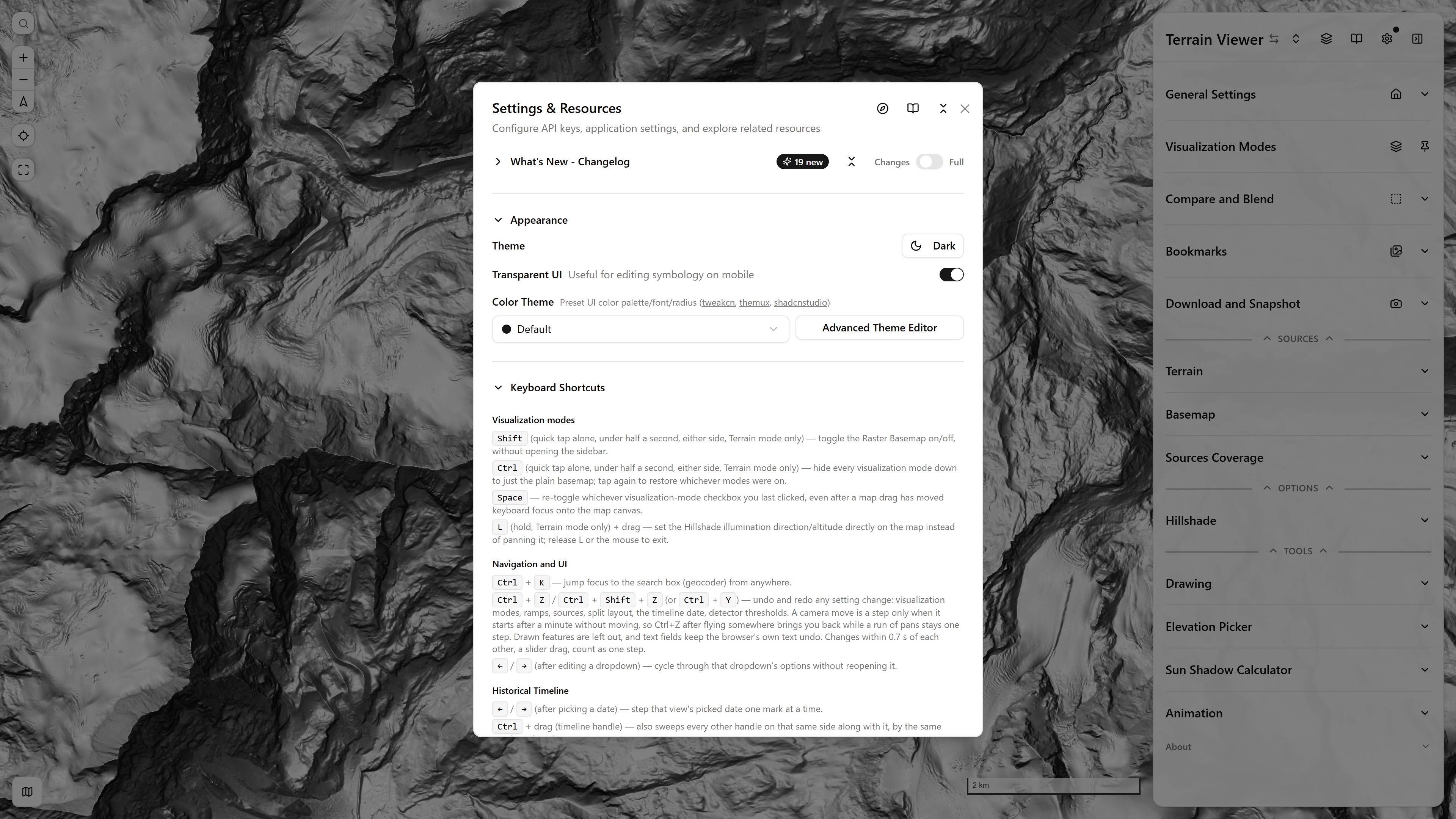 The Keyboard Shortcuts section of the Settings dialog, listing every shortcut by group