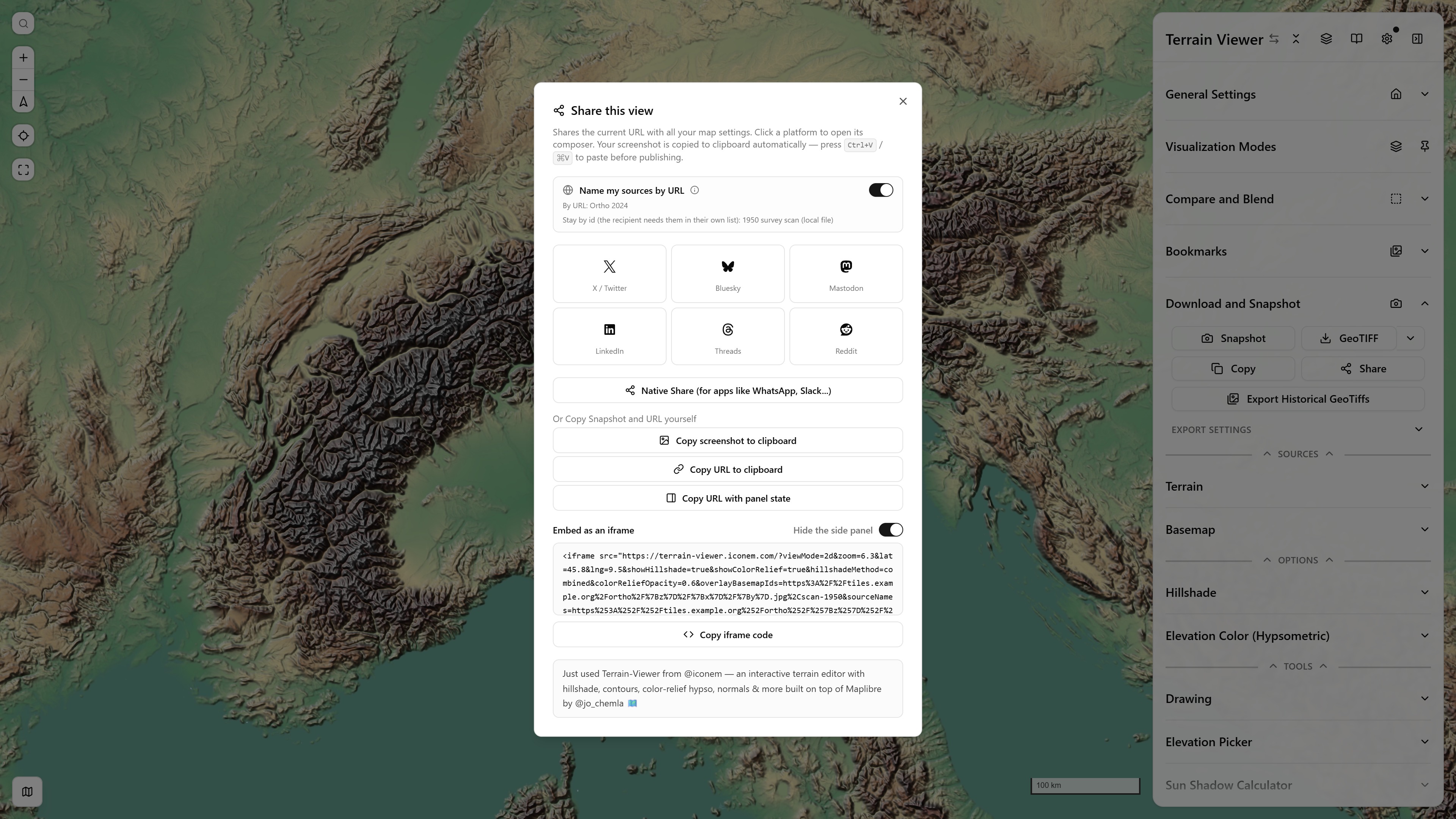 The Share modal: the Name my sources by URL box listing an overlay going by URL and a local scan staying by id, the six platform tiles, Native Share, the copy buttons and the iframe snippet