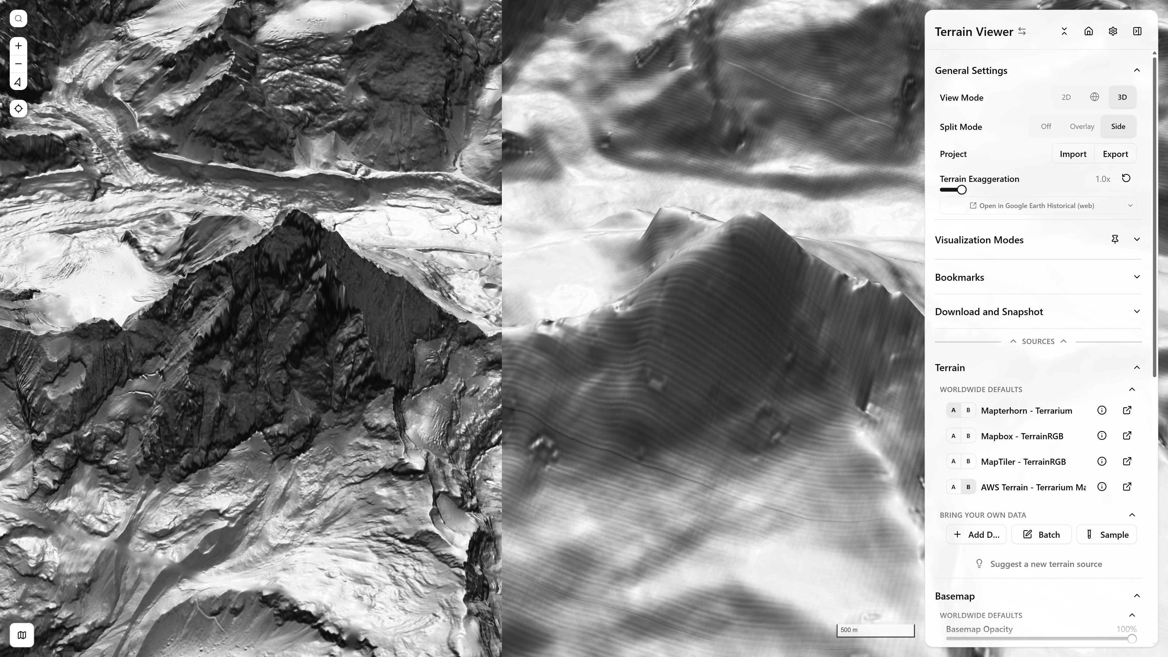 Two terrain sources (Mapterhorn / AWS Terrarium) compared side by side, tilted