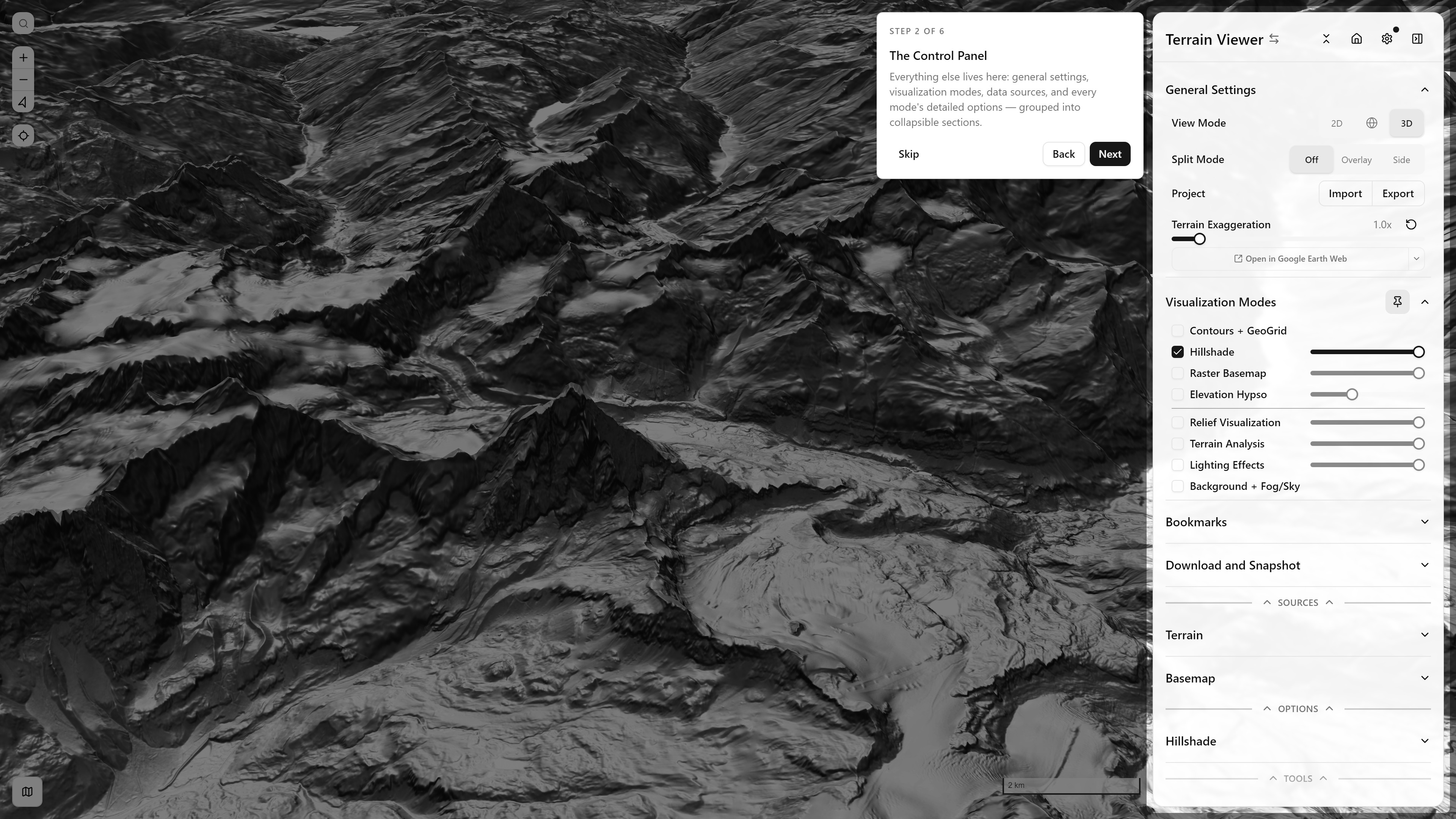 The full sidebar, with the in-app guided tour's "The Control Panel" step spotlighting it