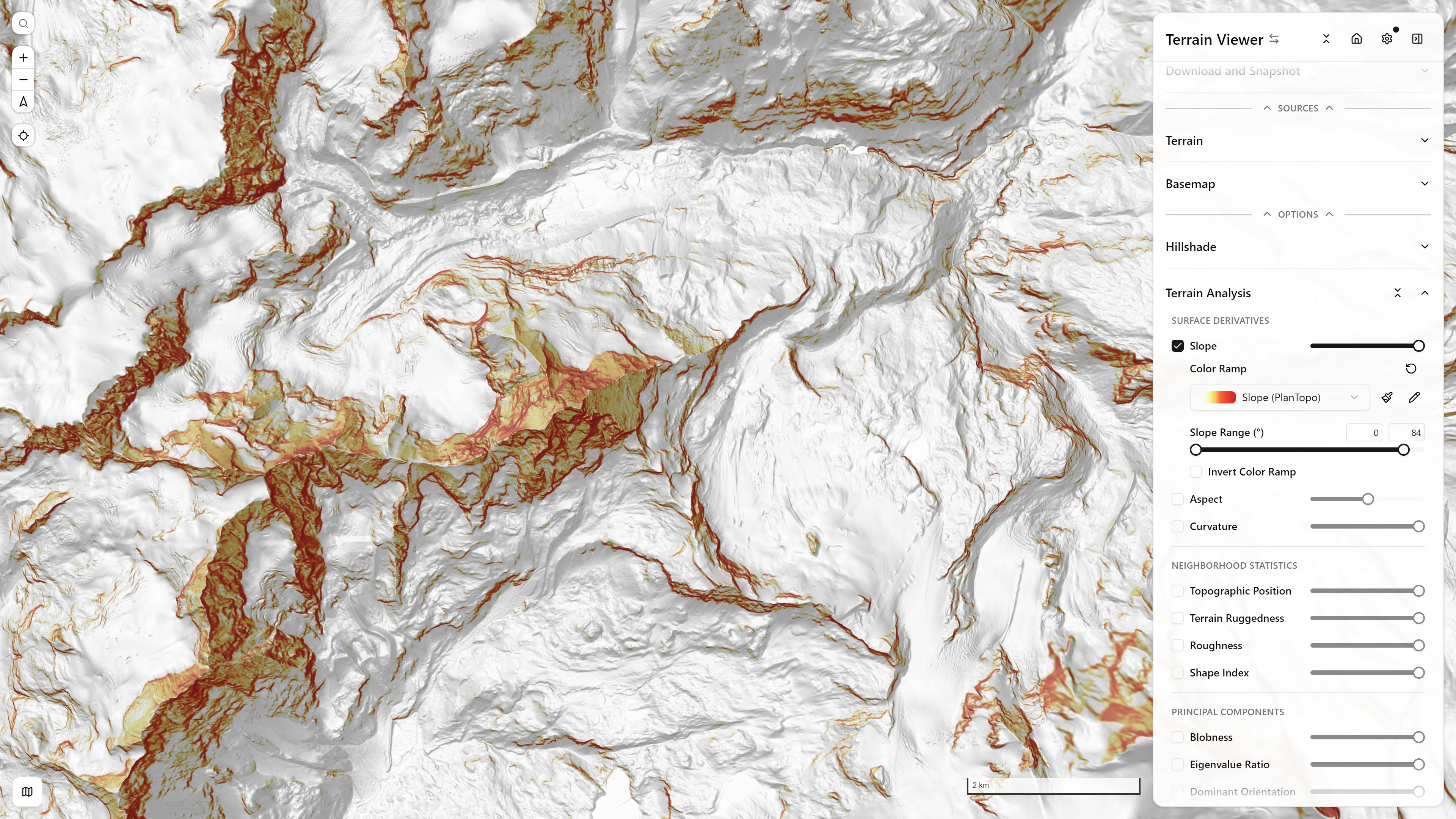 Slope visualization mode, with its Terrain Analysis controls panel open