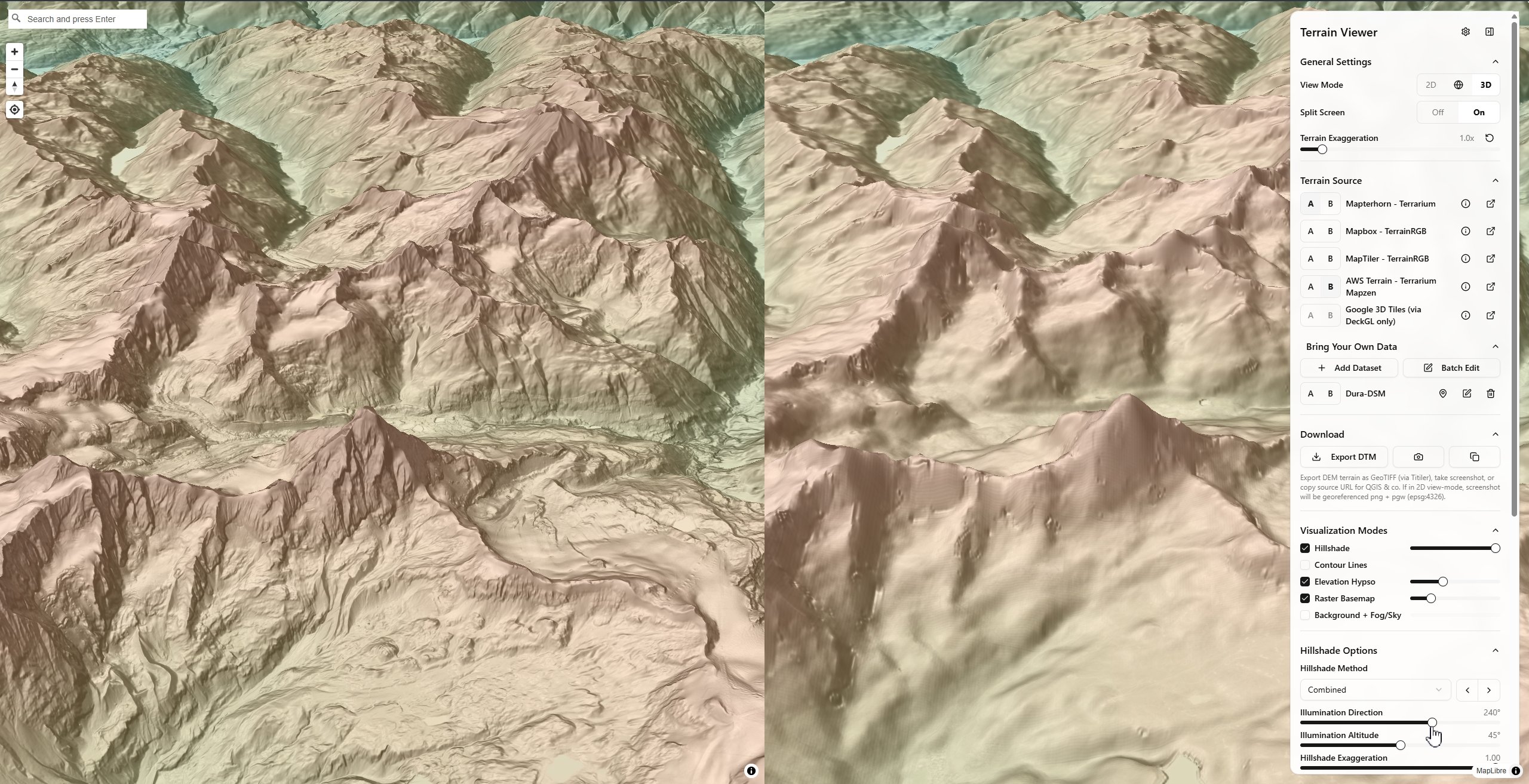 Side-by-side Split Mode comparing two terrain sources with the same Hillshade + Elevation Hypso + Raster Basemap combo