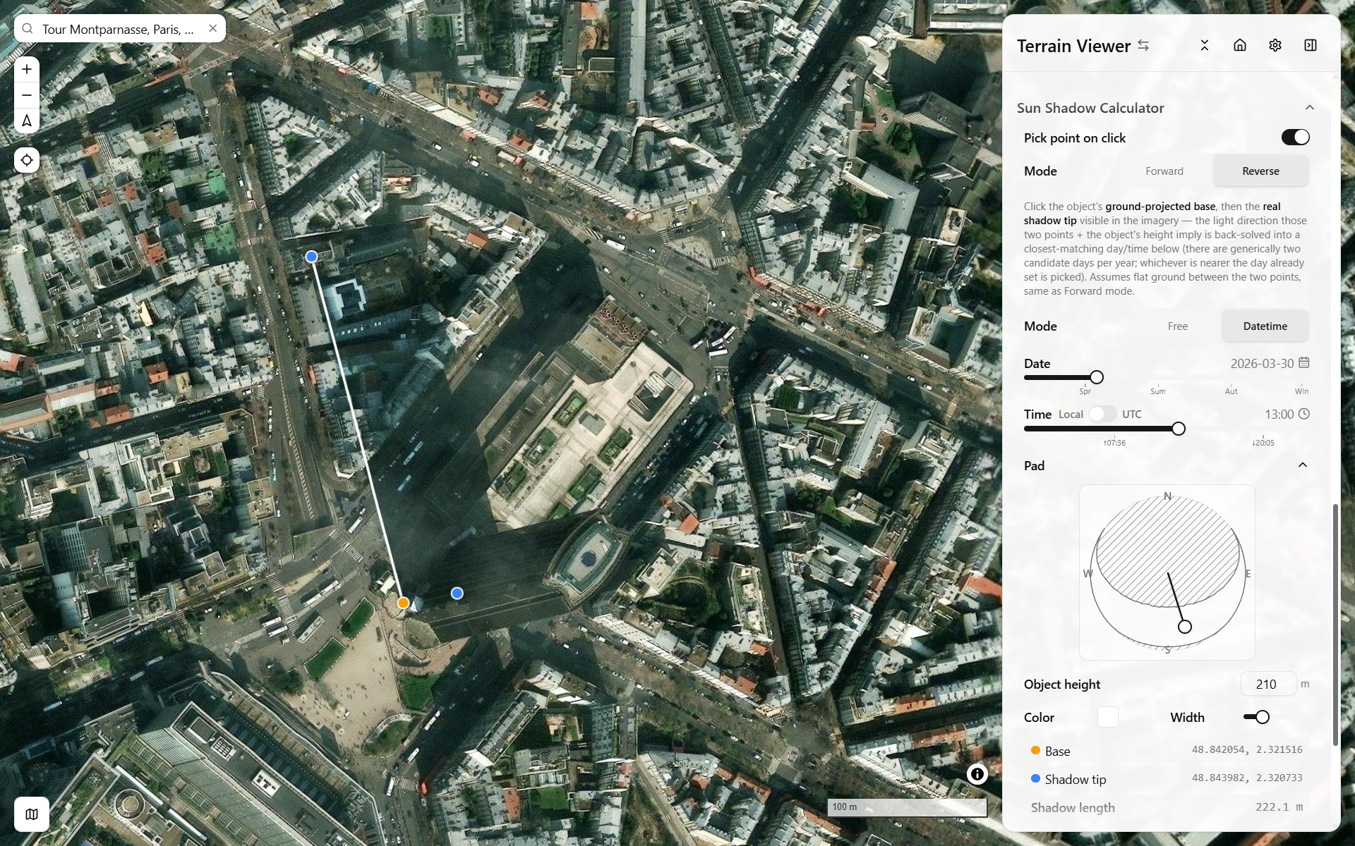 Sun Shadow Calculator, Reverse mode — Tour Montparnasse's real shadow (base + tip picked on the imagery, 210m object height) resolves to a light direction, which back-solves to March 30, 13:00