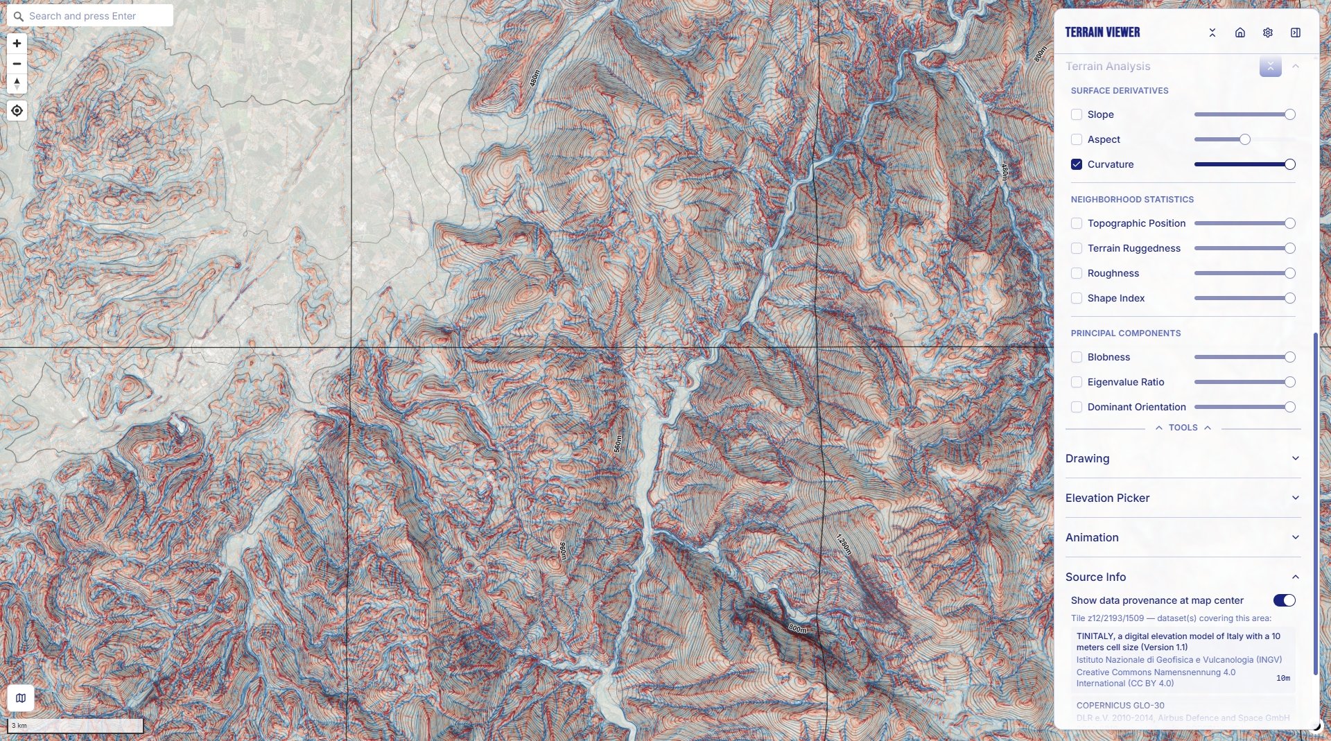 The full Terrain Analysis submode list (Surface Derivatives, Neighborhood Statistics, Principal Components) with Curvature active, and Source Info showing real per-tile dataset provenance