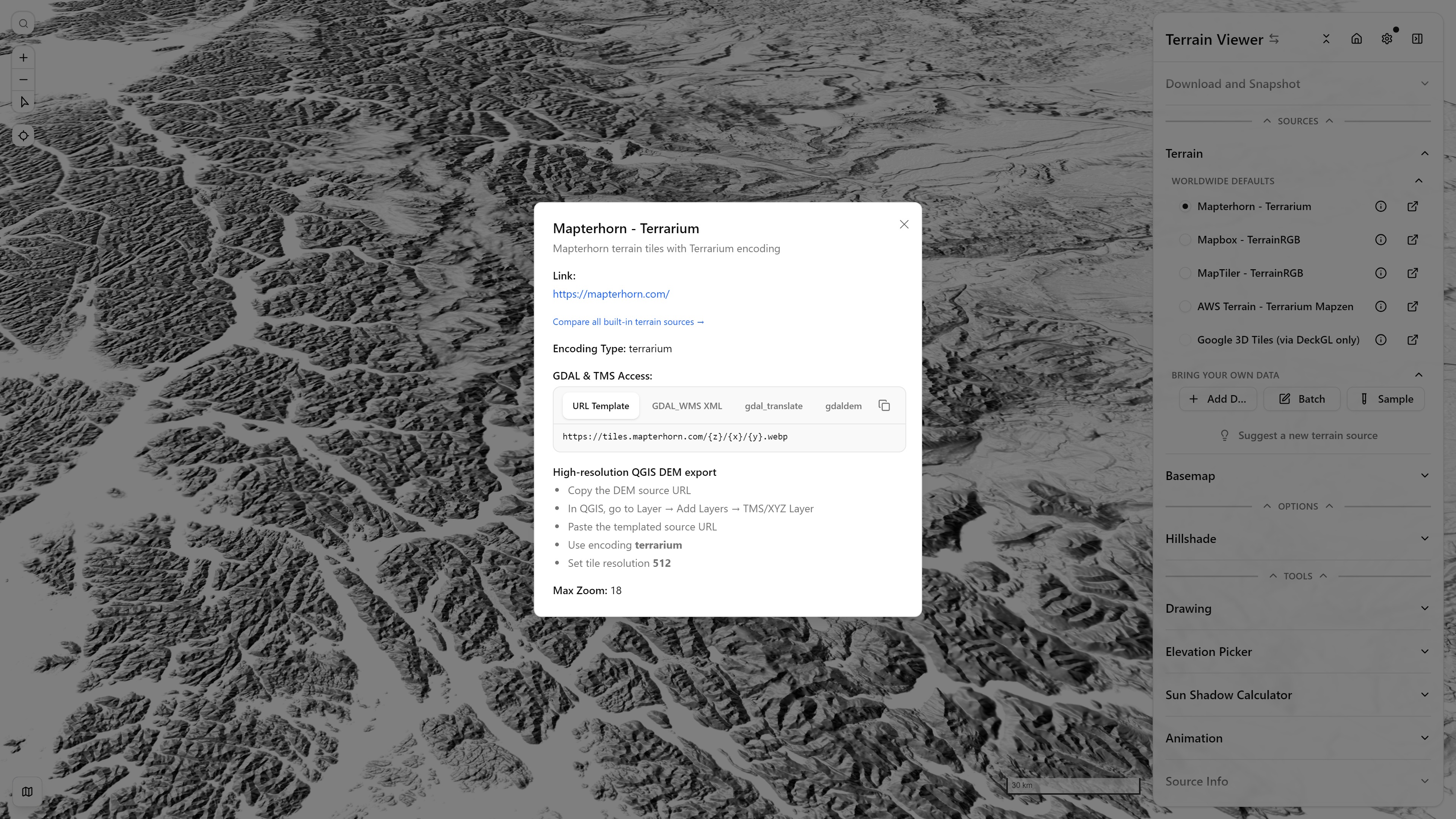 The Terrain source info dialog — link, encoding, and a ready-to-run GDAL/TMS export command