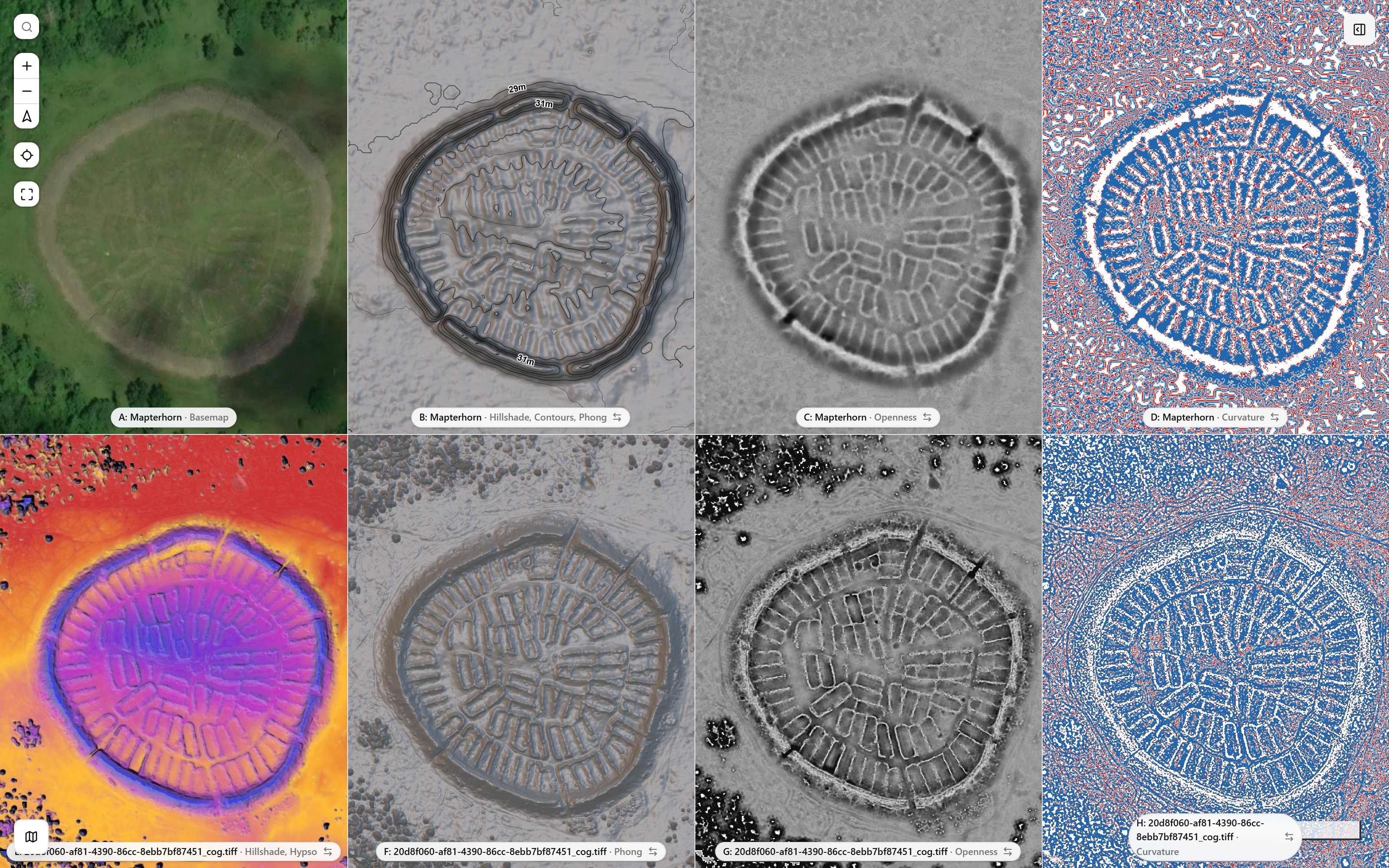 A 4x2 grid of visualization modes over the Ismantorp ring fort (Öland, Sweden): the Mapterhorn DEM on the top row, a 10 cm drone DSM on the bottom row; basemap, hillshade with contours and Phong, openness, curvature, hypsometric tint, Phong, openness again and curvature