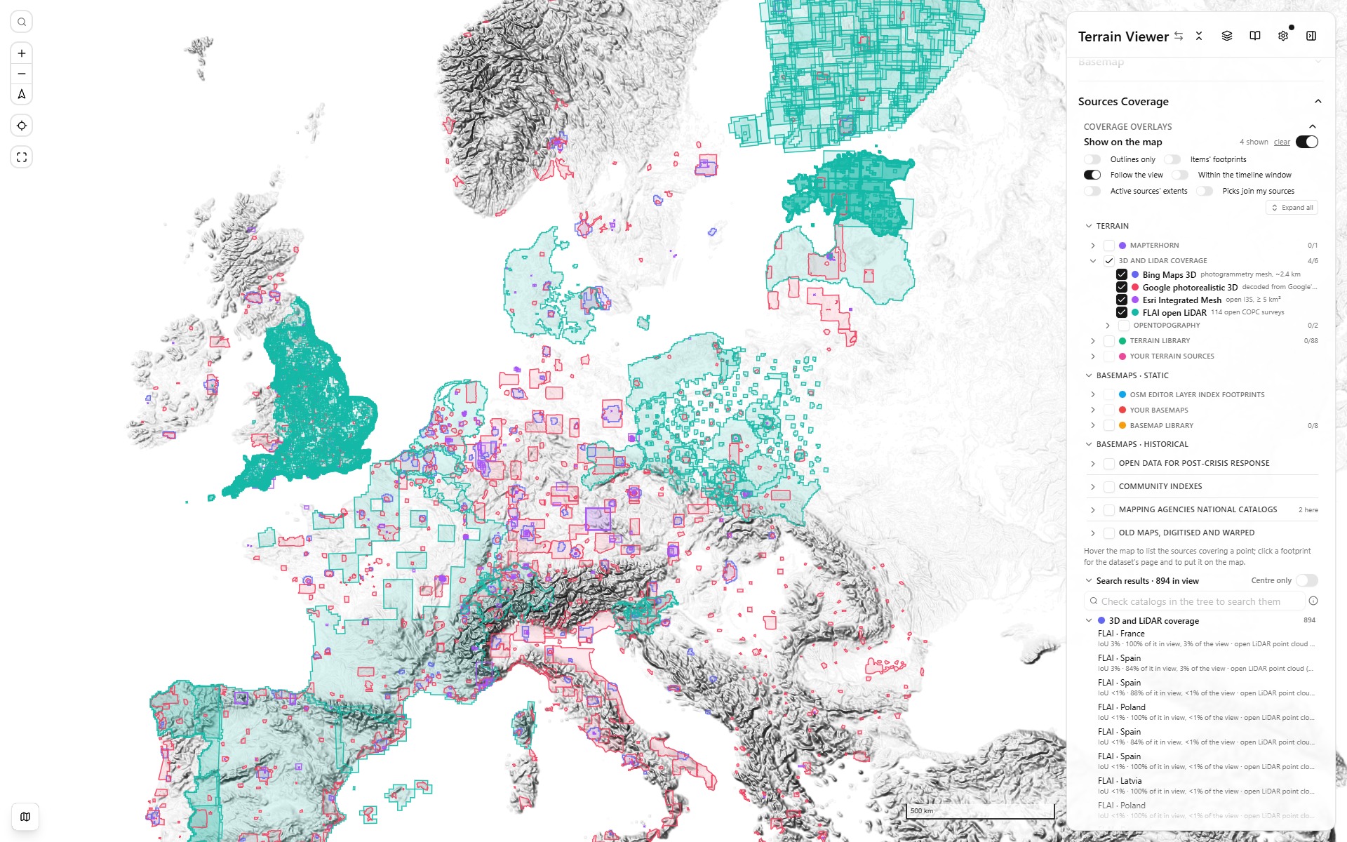 The four 3D and LiDAR coverage overlays over Europe: Bing, Google, Esri Integrated Mesh and FLAI