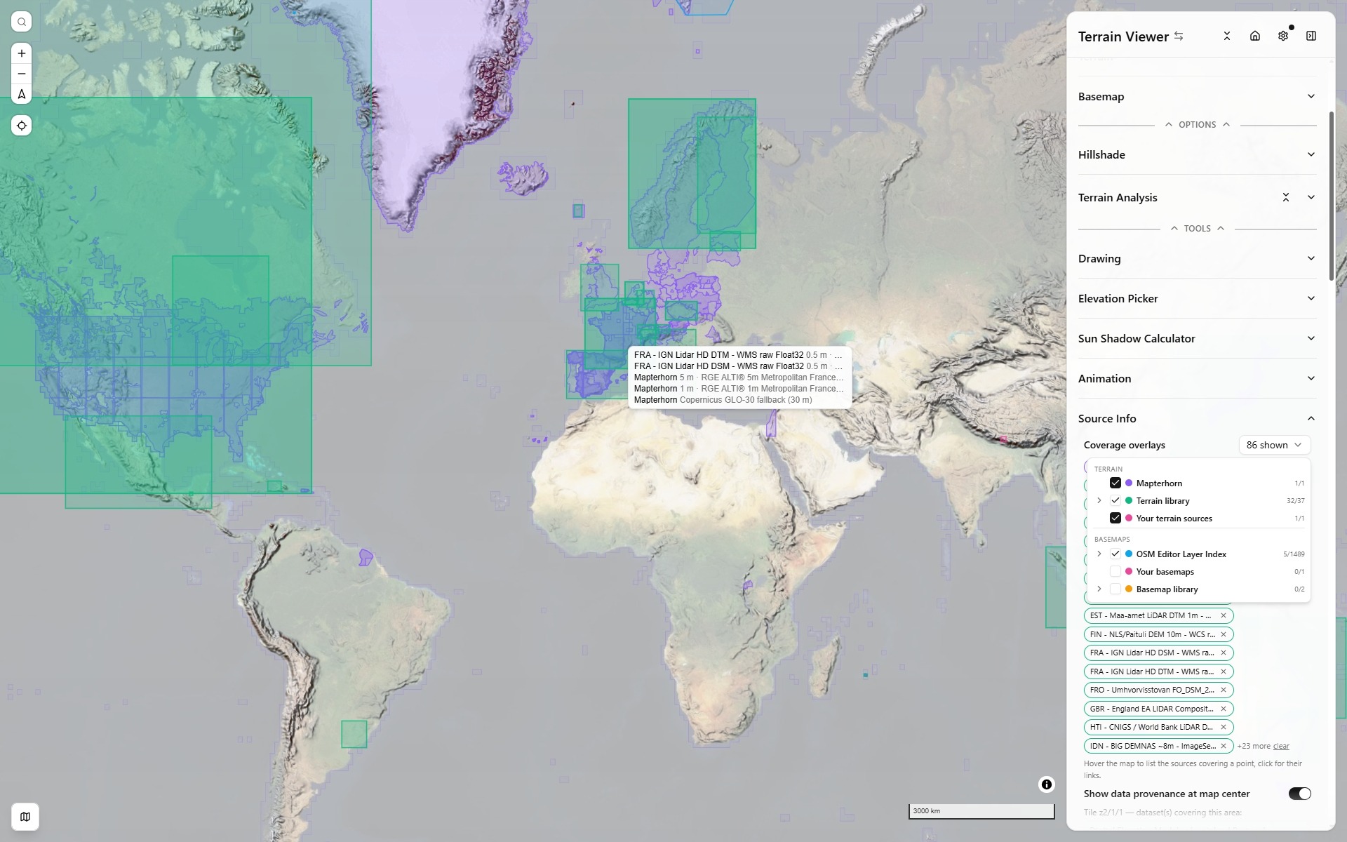 Coverage overlays over Europe with the hover list