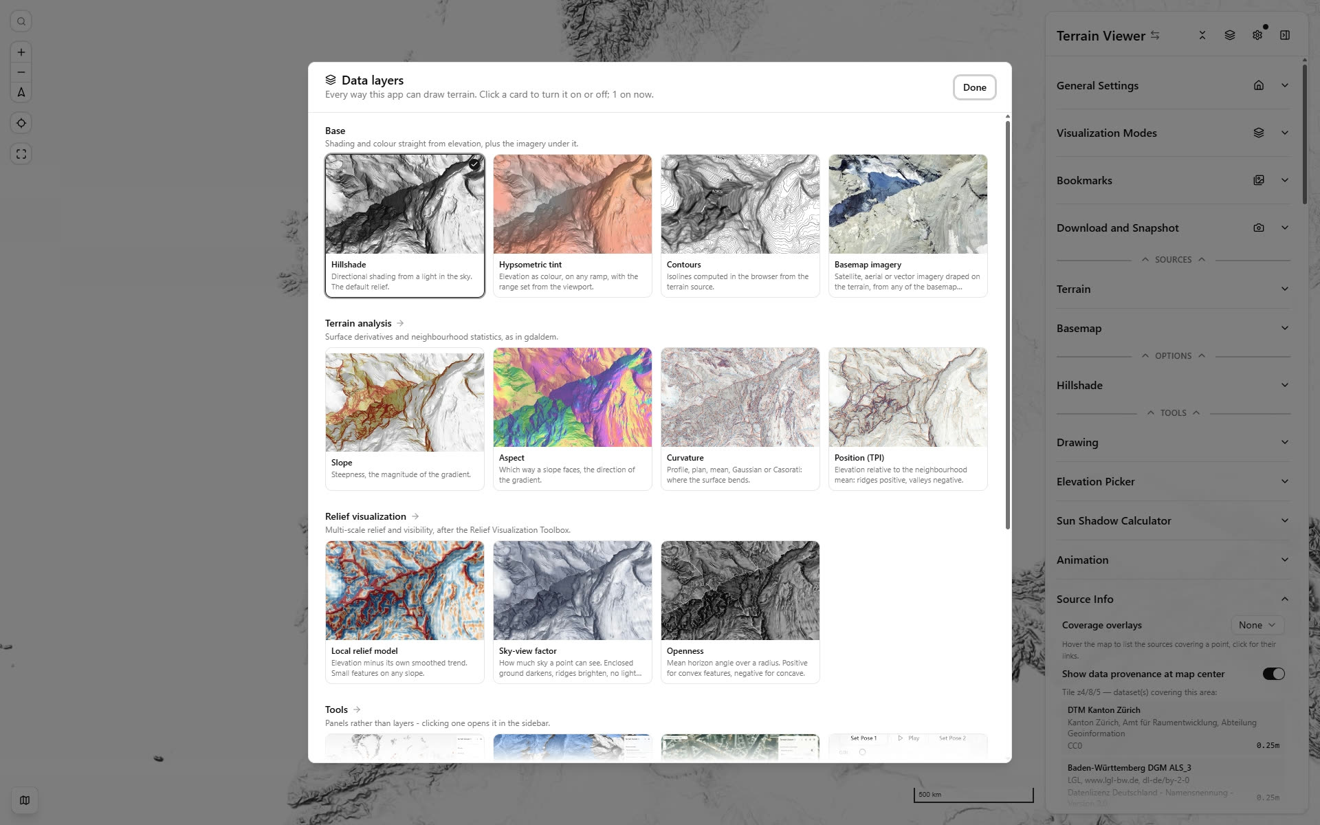 The Data layers picker: every visualization mode as a card of the same Matterhorn view