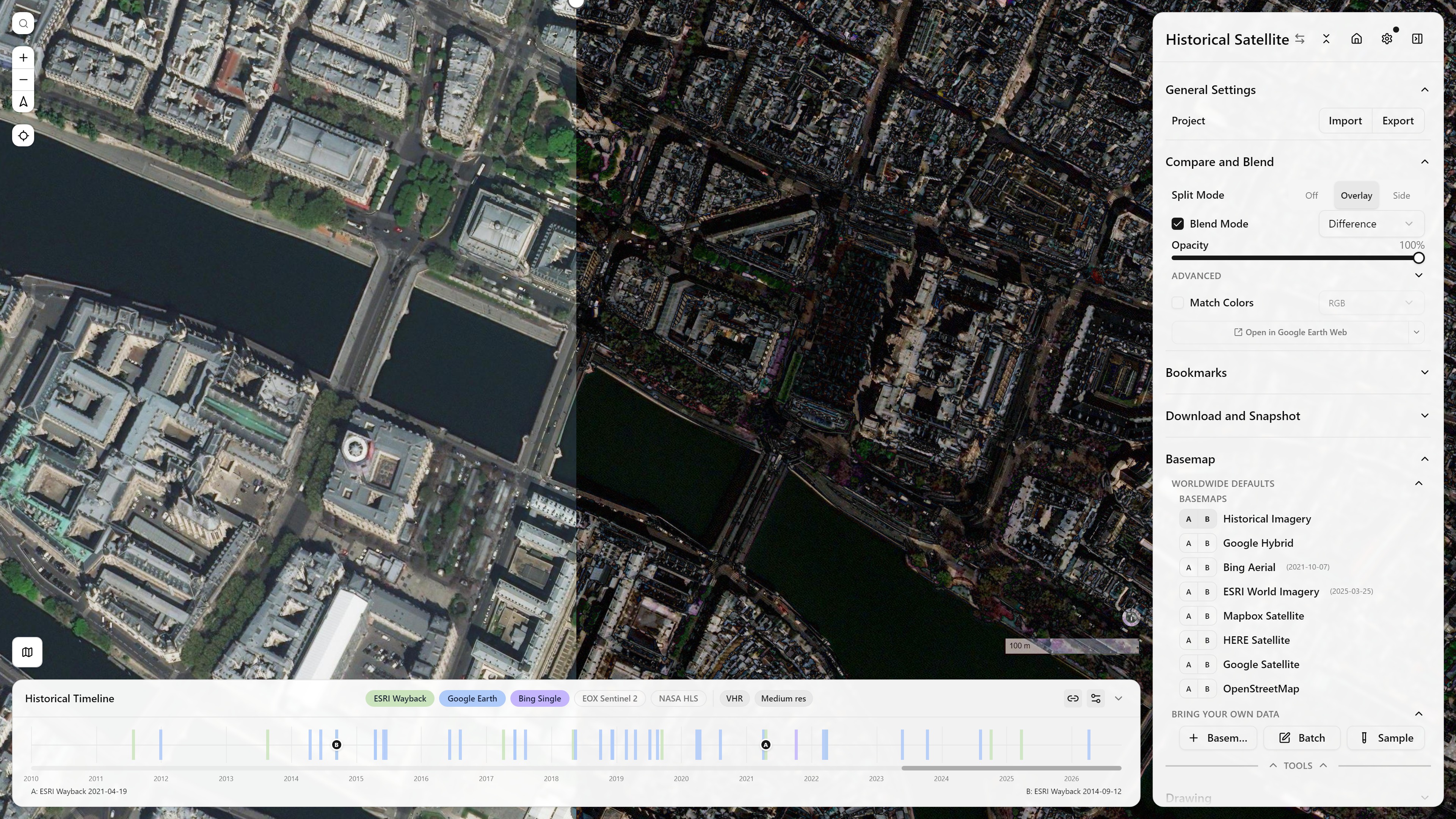 Difference, 100% opacity Difference blend mode, 100% opacity — highlights exactly what changed between the two dates