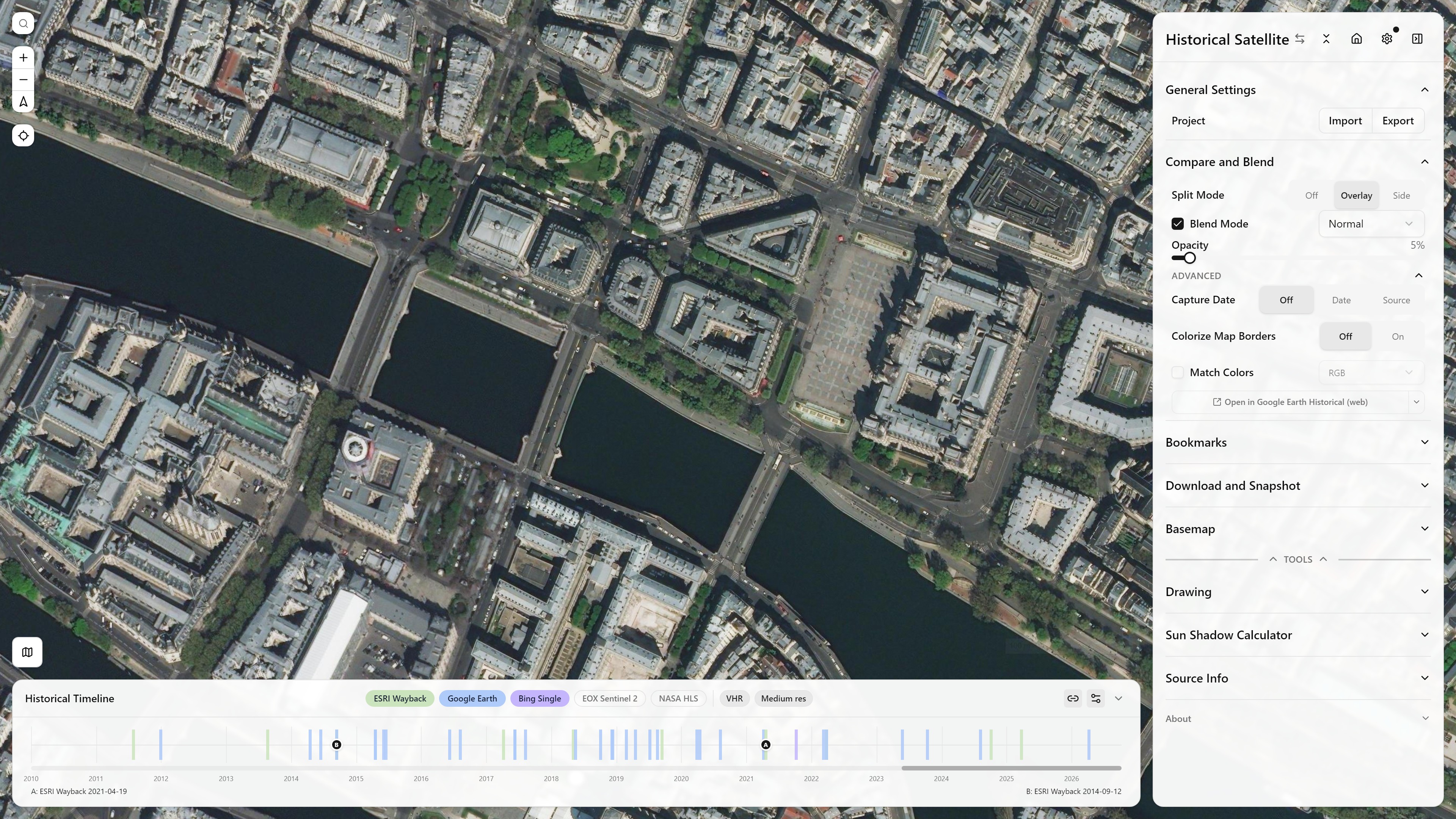 Normal, 5% opacity Normal blend mode, 5% opacity — source A barely visible, mostly showing source B through a thin veil