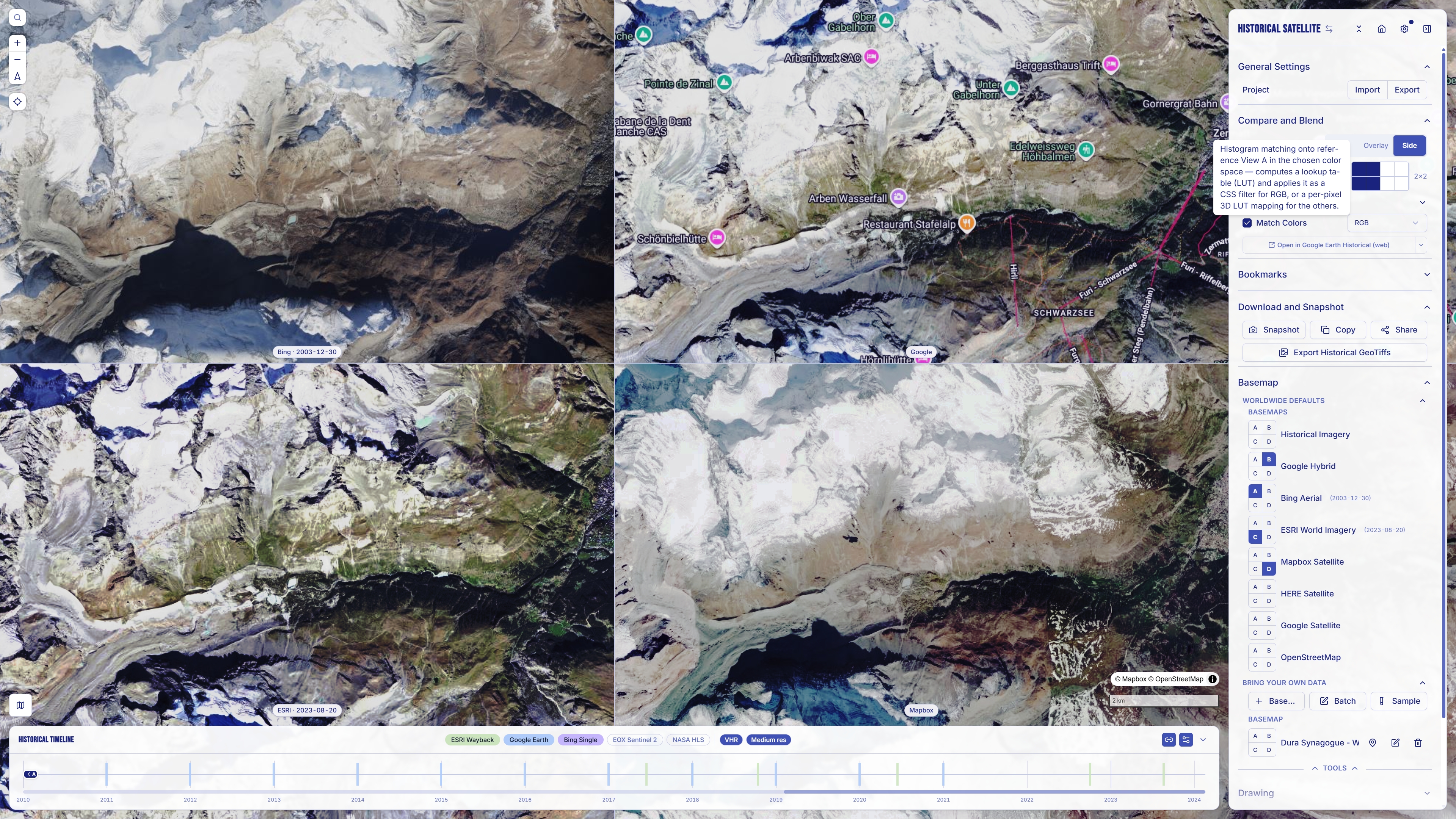 2x2 historical grid with Match Colors on — Google, ESRI and Mapbox views recolored onto Bing view A's histogram, all four panes sharing one consistent palette