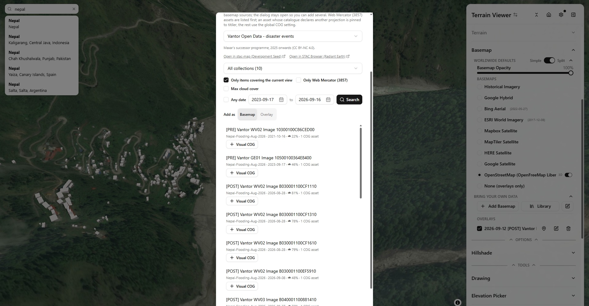 STAC search: Vantor open-data scenes over the 2026 Nepal flooding