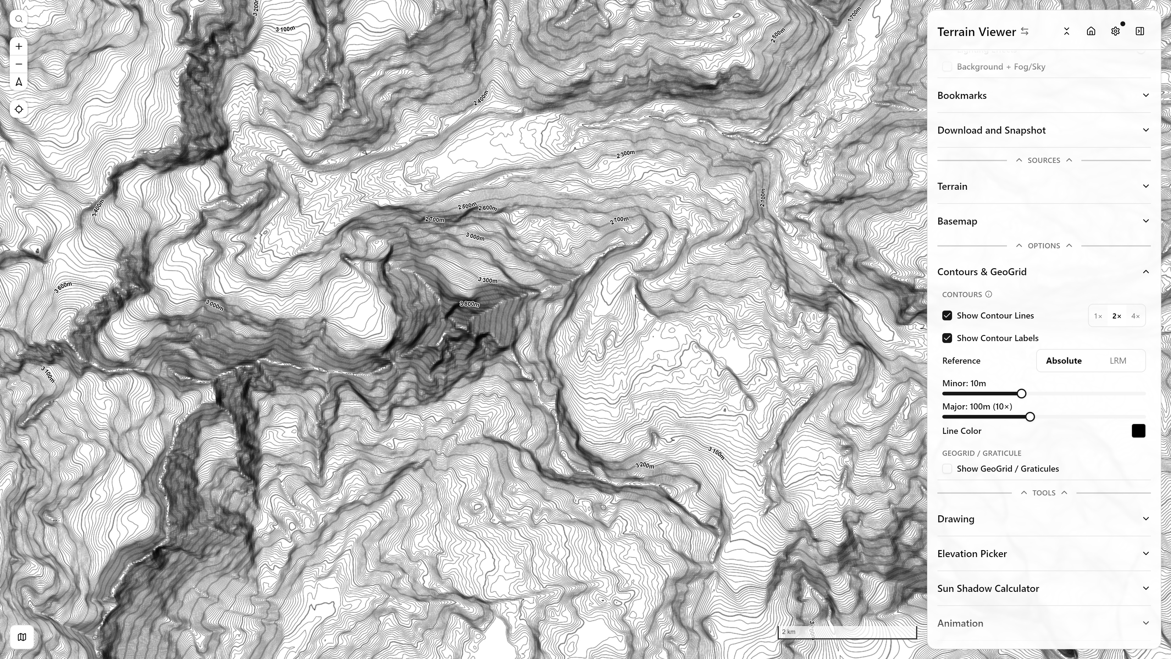 Contour lines, with the Contours & GeoGrid controls panel open — Matterhorn massif
