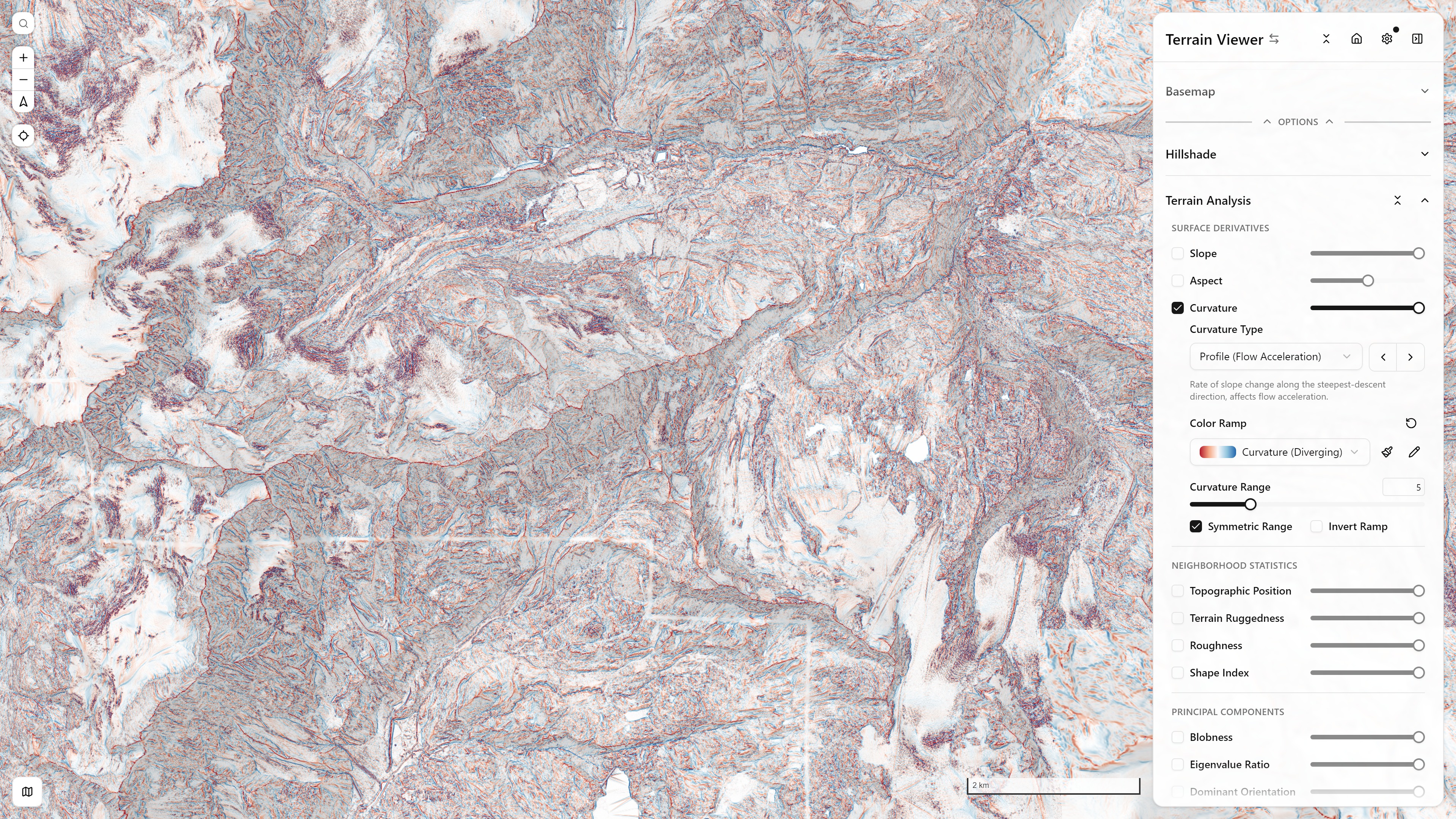 Curvature (Profile / Flow Acceleration) visualization mode, with its Terrain Analysis controls panel open — Matterhorn massif