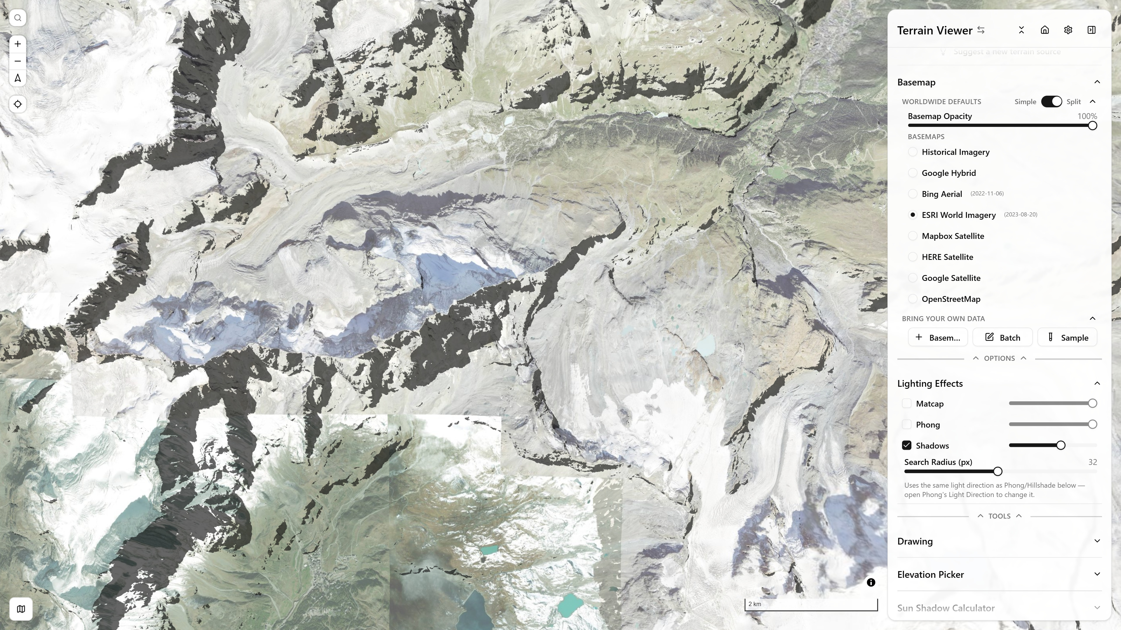 Hard Shadows visualization mode, with its Lighting Effects controls panel open — Matterhorn massif