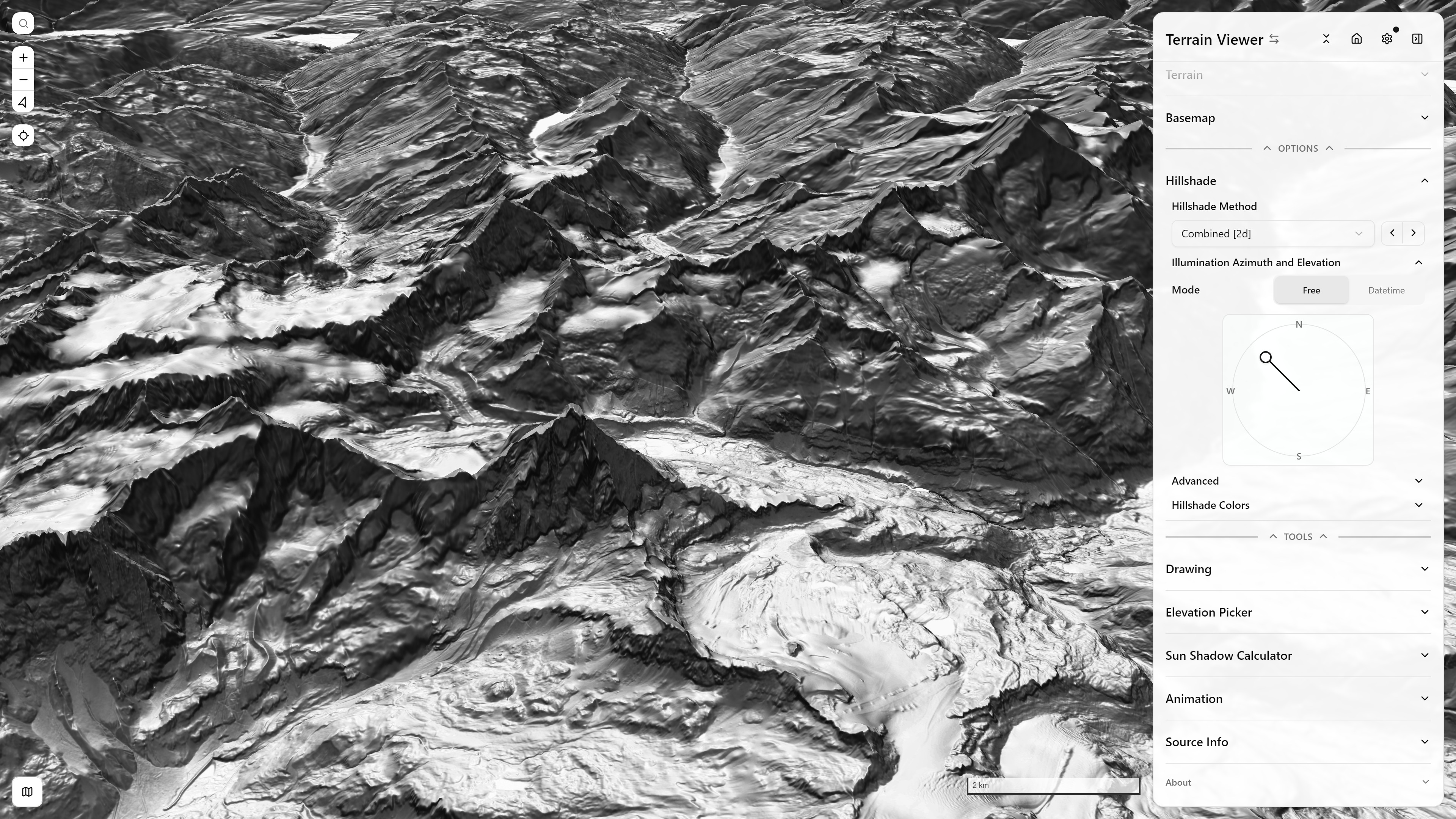 Hillshade visualization mode, with its Hillshade controls panel open — Matterhorn massif