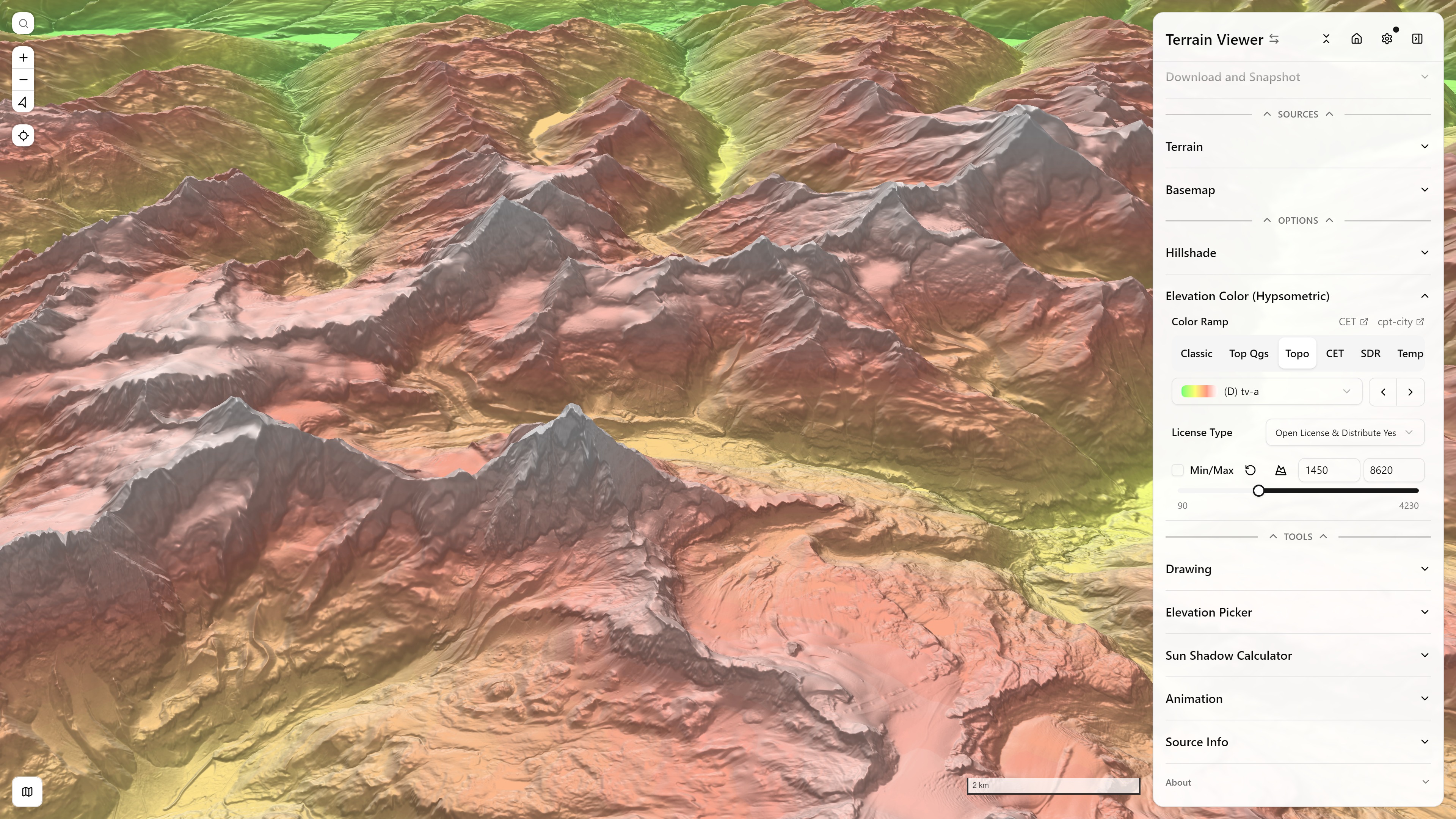 Elevation Hypso combined with Hillshade, with its Elevation Color controls panel open — Matterhorn massif