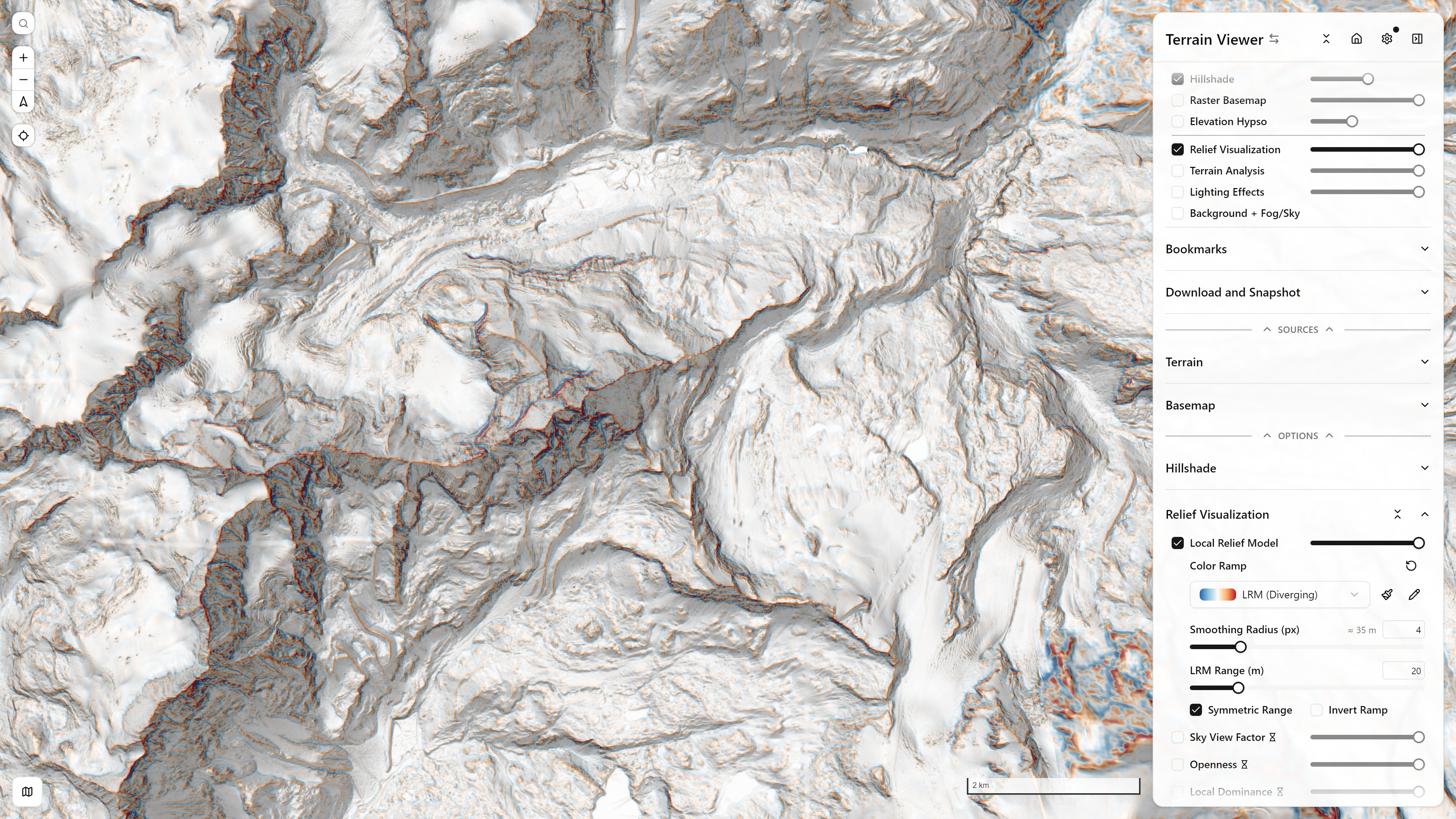 LRM at Smoothing Radius 4px — a tight, near-3x3-blur neighborhood
