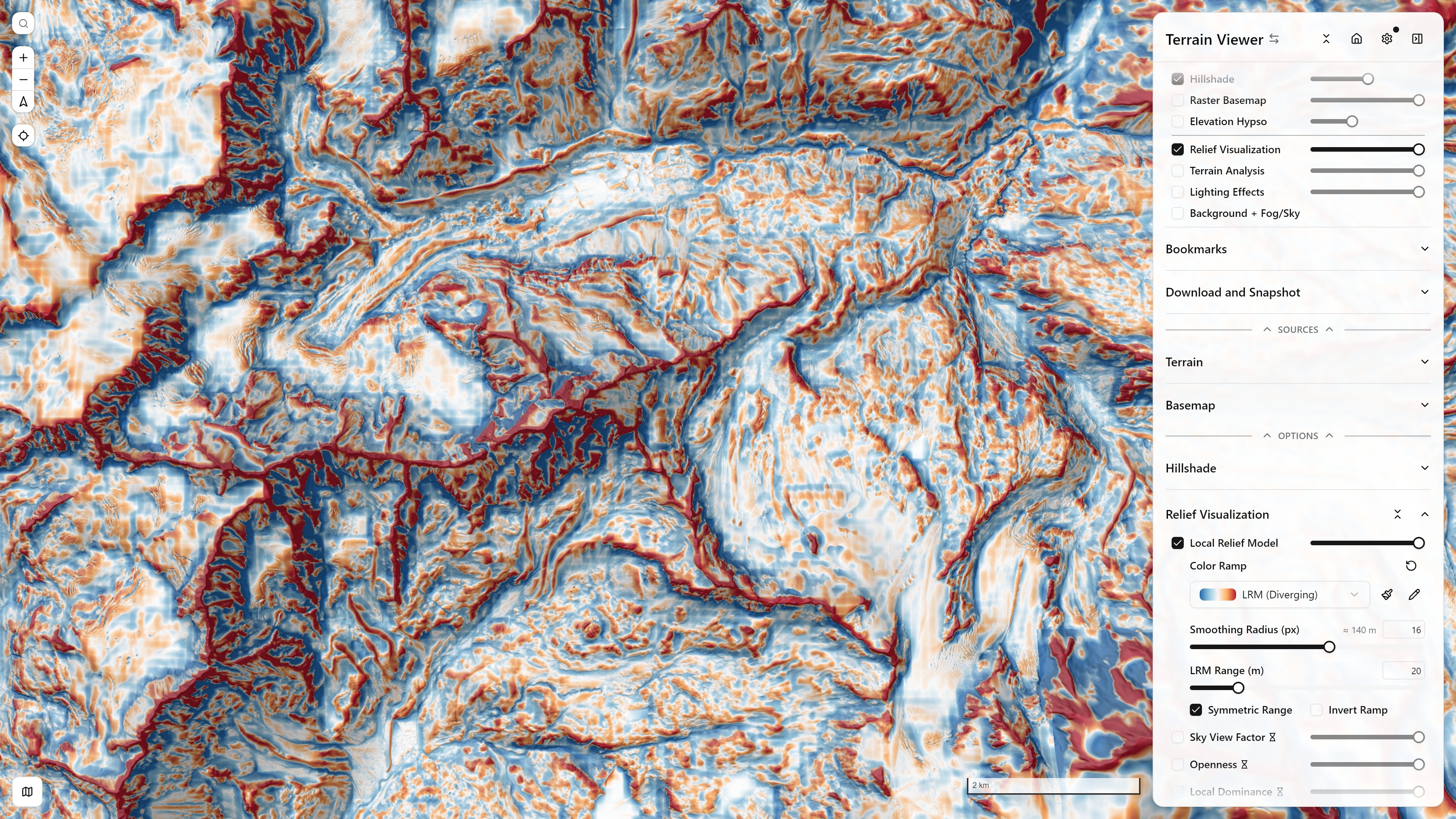 Local Relief Model (LRM) visualization mode, with its Relief Visualization controls panel open — Matterhorn massif