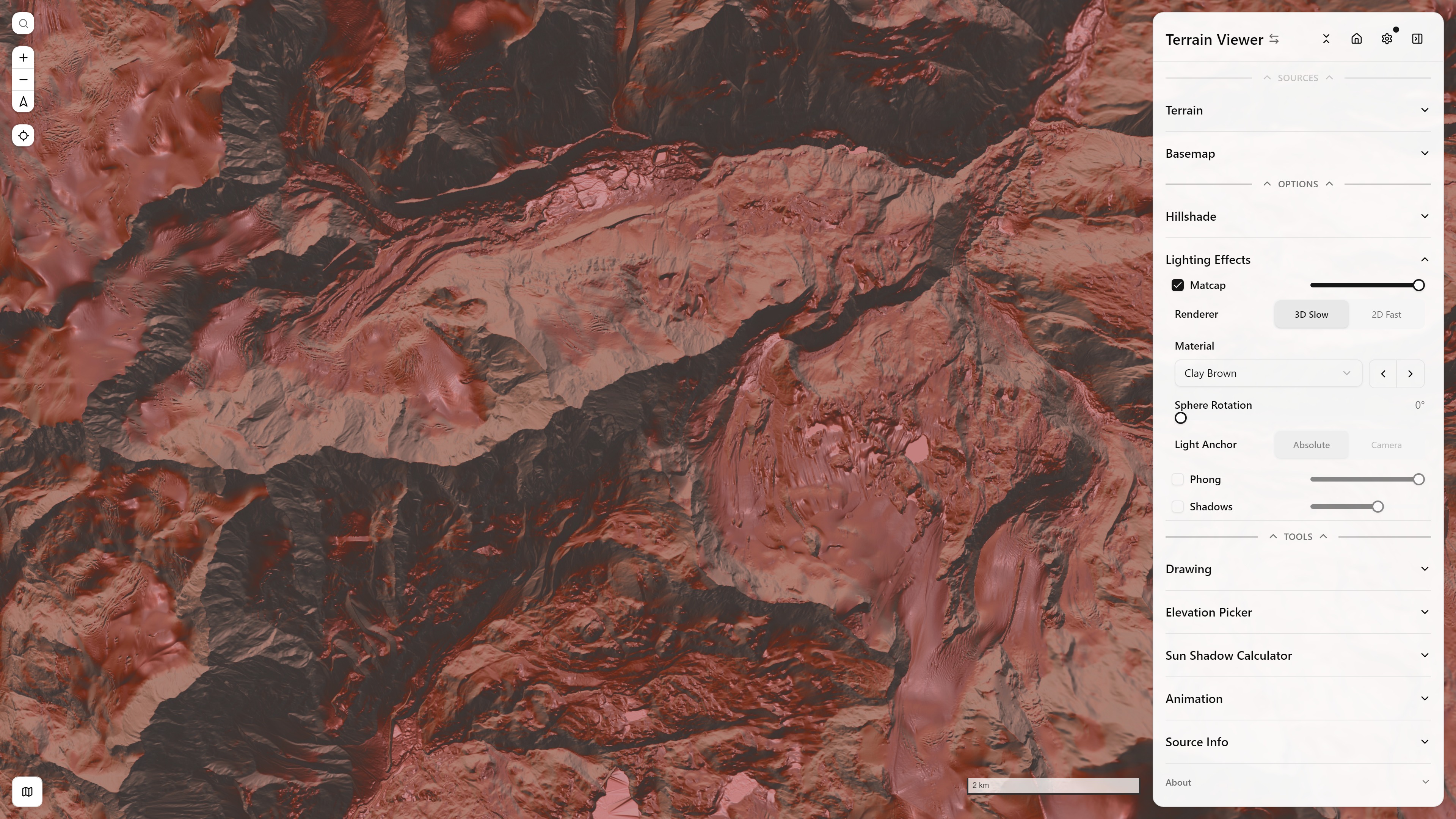 Matcap lighting visualization mode (Clay Brown material), with its Lighting Effects controls panel open — Matterhorn massif