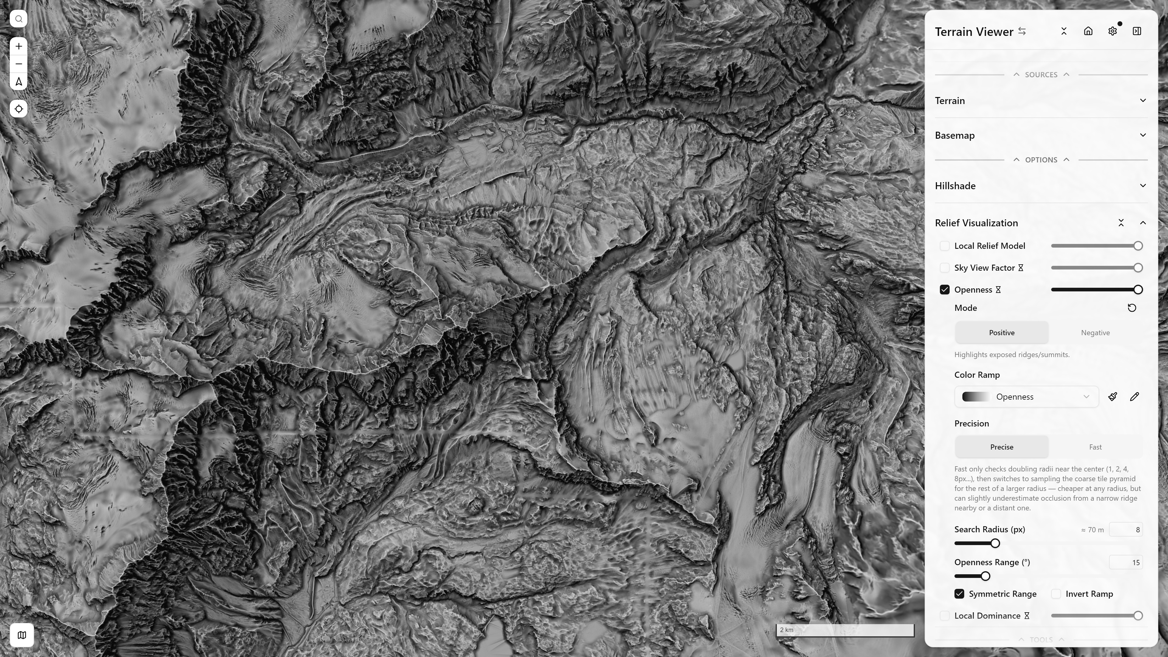 Openness visualization mode, with its Relief Visualization controls panel open — Matterhorn massif