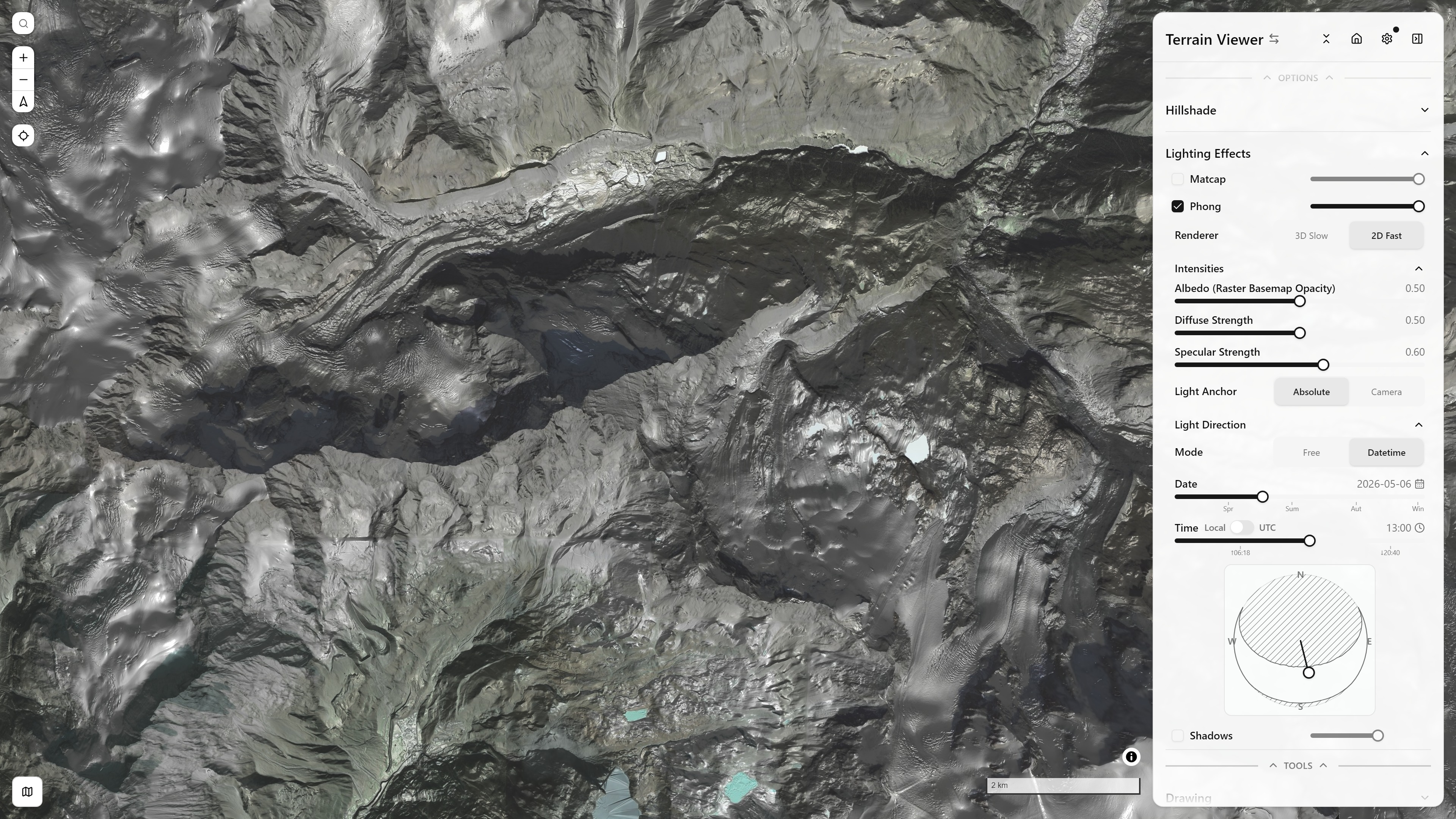 Phong lighting visualization mode, with its Lighting Effects controls panel open — Matterhorn massif