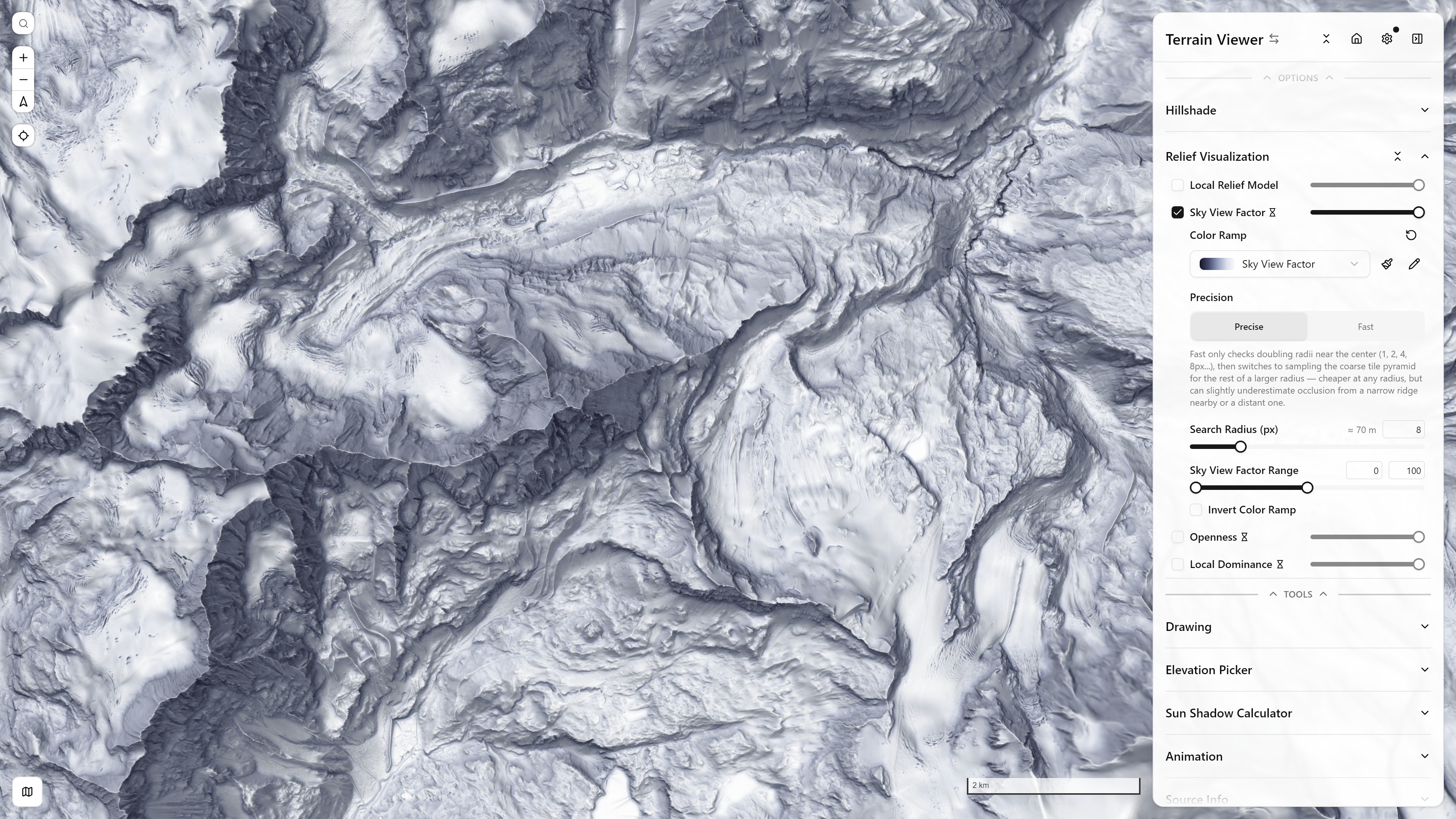 Sky-View Factor (SVF) visualization mode, with its Relief Visualization controls panel open — Matterhorn massif