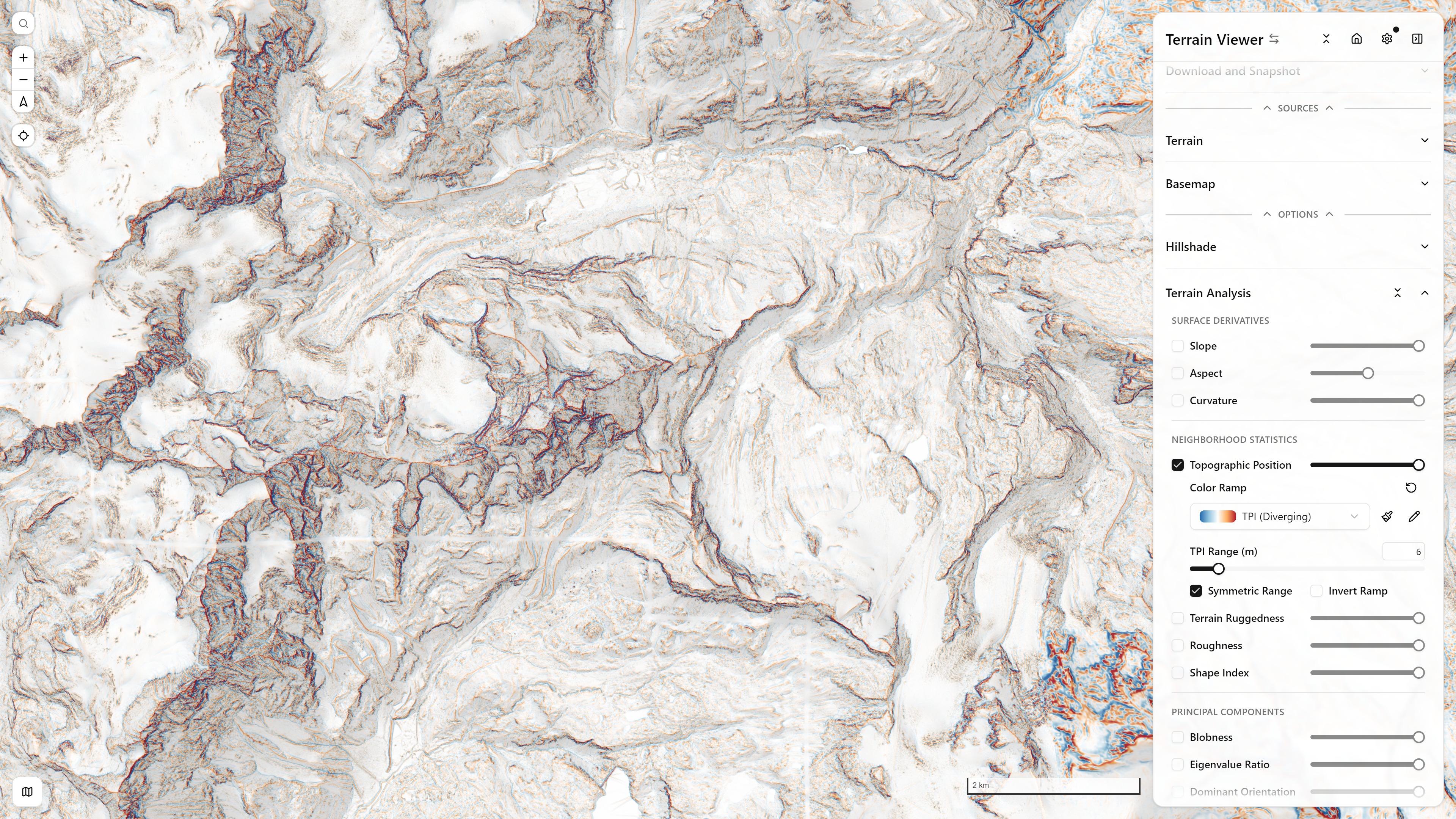 Topographic Position Index (TPI) visualization mode, with its Terrain Analysis controls panel open — Matterhorn massif