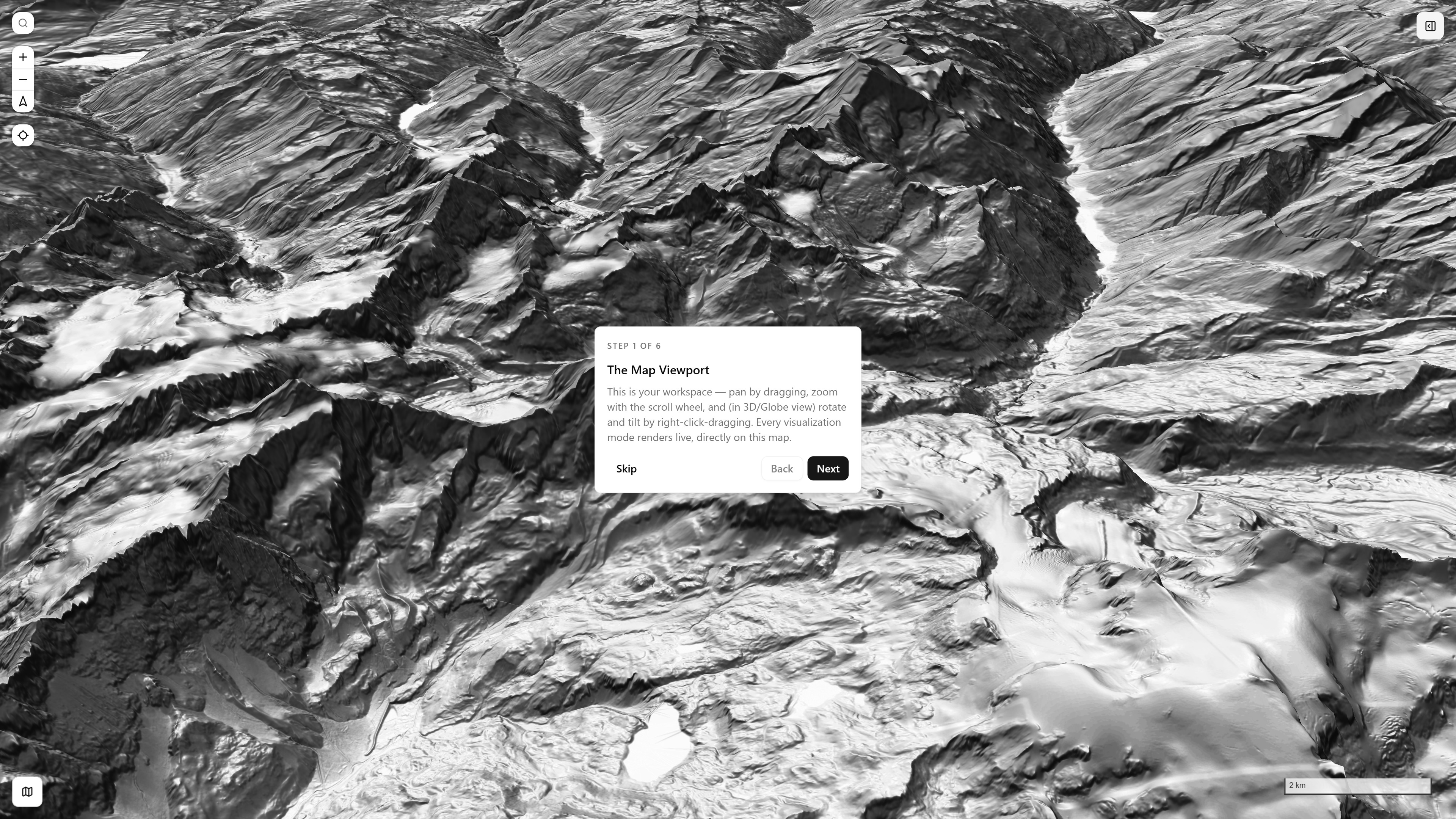 Step 1 of 6, The Map Viewport — full-screen spotlight over a tilted Hillshade render, Matterhorn massif