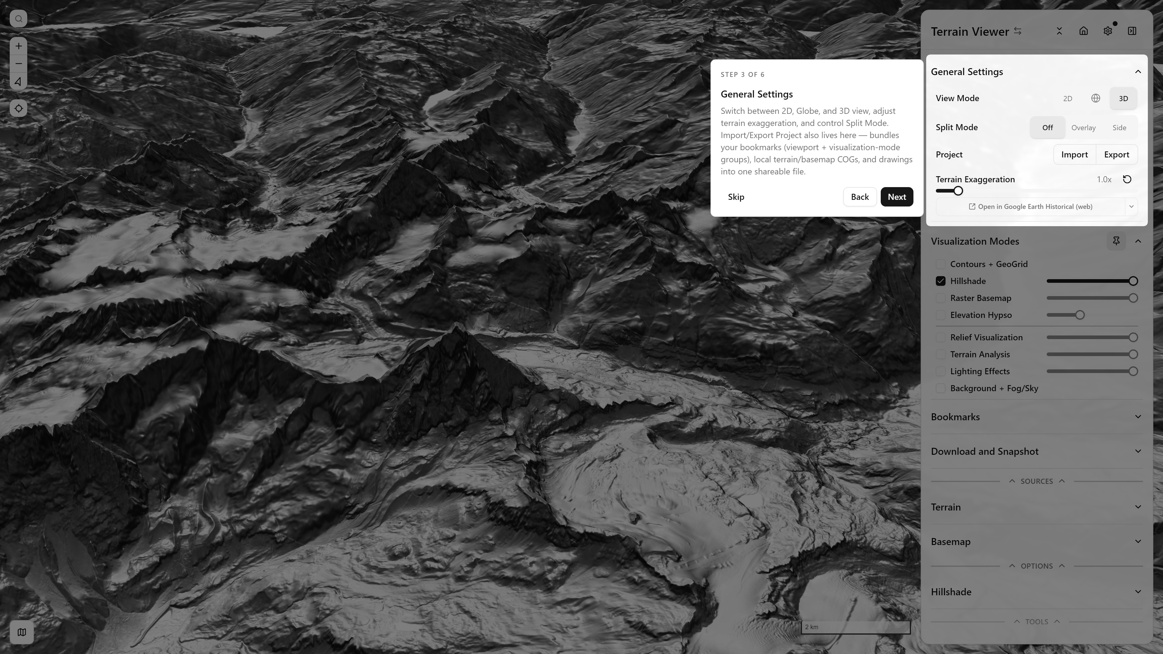 Step 3/6 — General Settings Step 3 of 6, General Settings — View Mode, Split Mode, Project import/export, Terrain Exaggeration