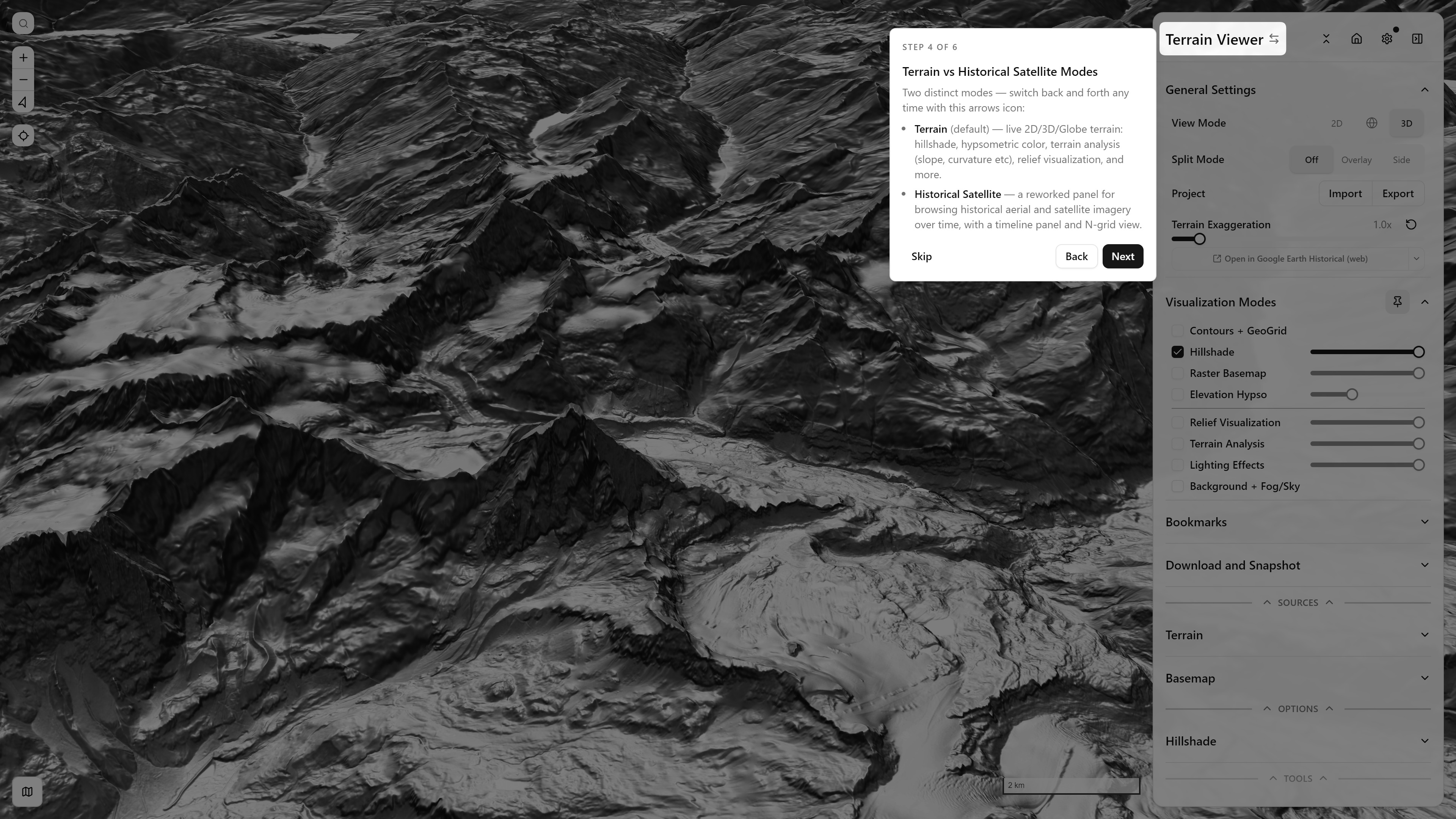 Step 4/6 — Terrain vs Historical Step 4 of 6, Terrain vs Historical Satellite Modes — explaining the mode switch