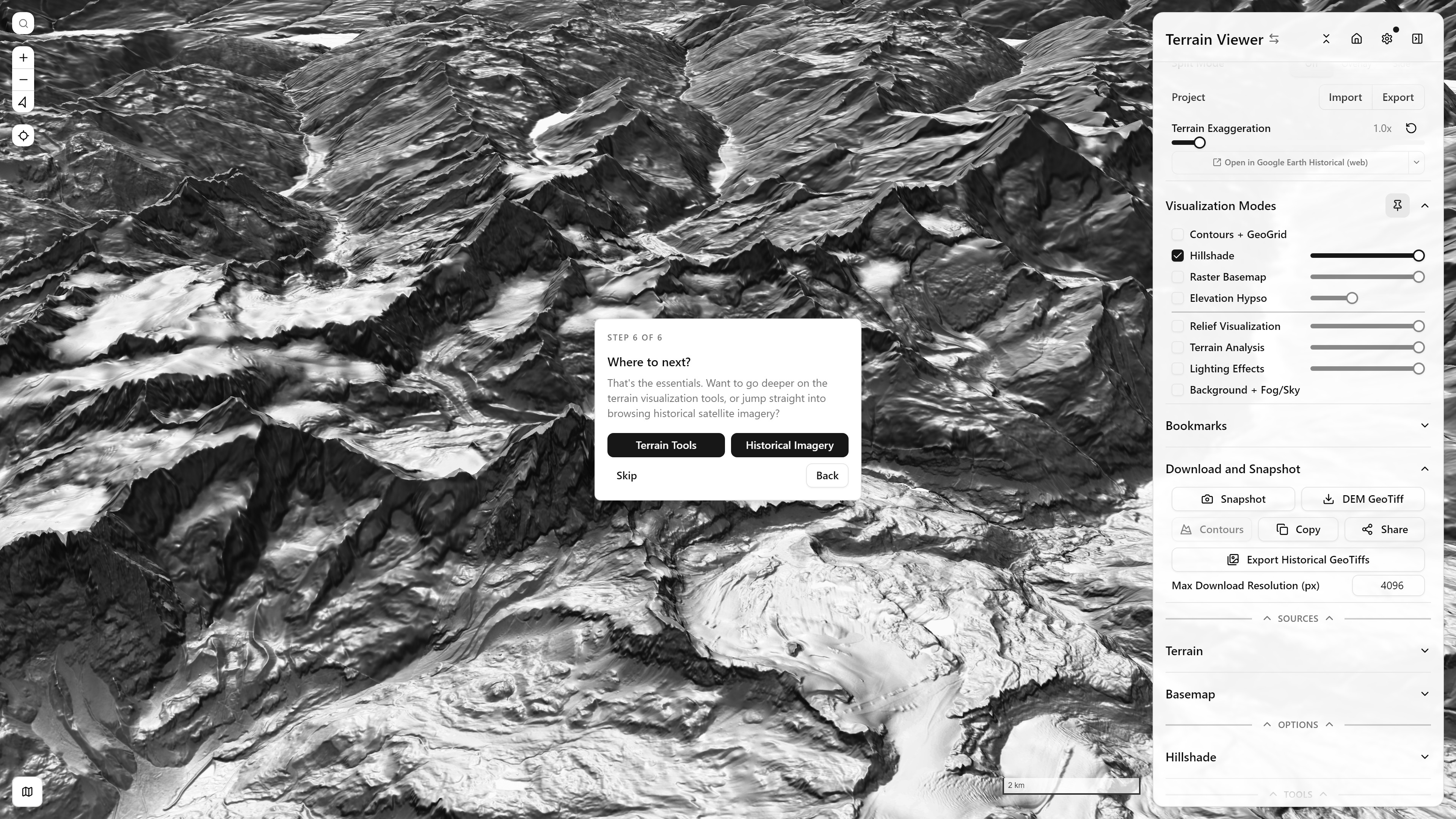 Step 6/6 — Where to next? Step 6 of 6, Where to next — the branch choice between Terrain Tools and Historical Imagery