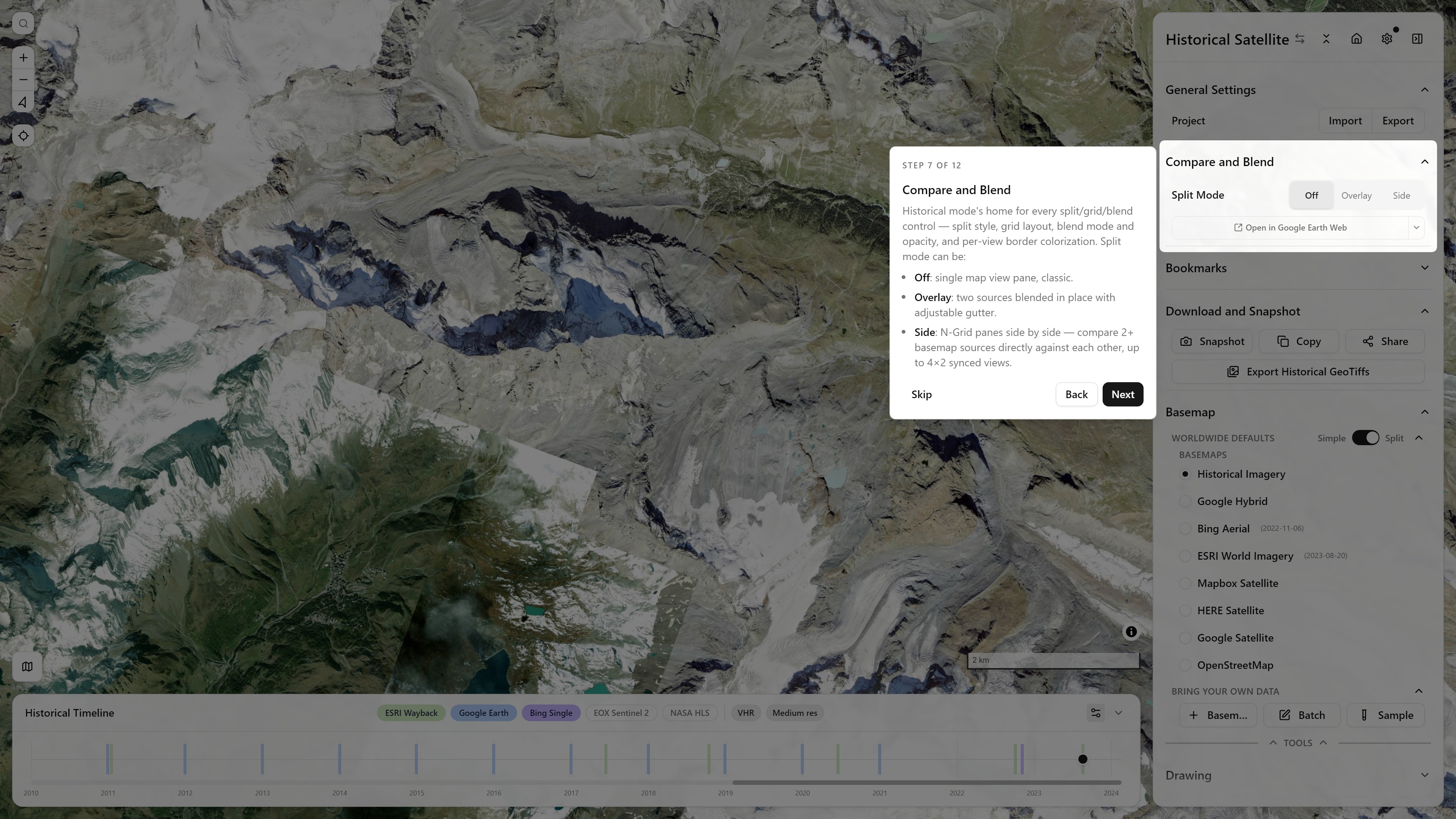 Step 7 of 12, Compare and Blend — Historical mode's split/grid/blend home