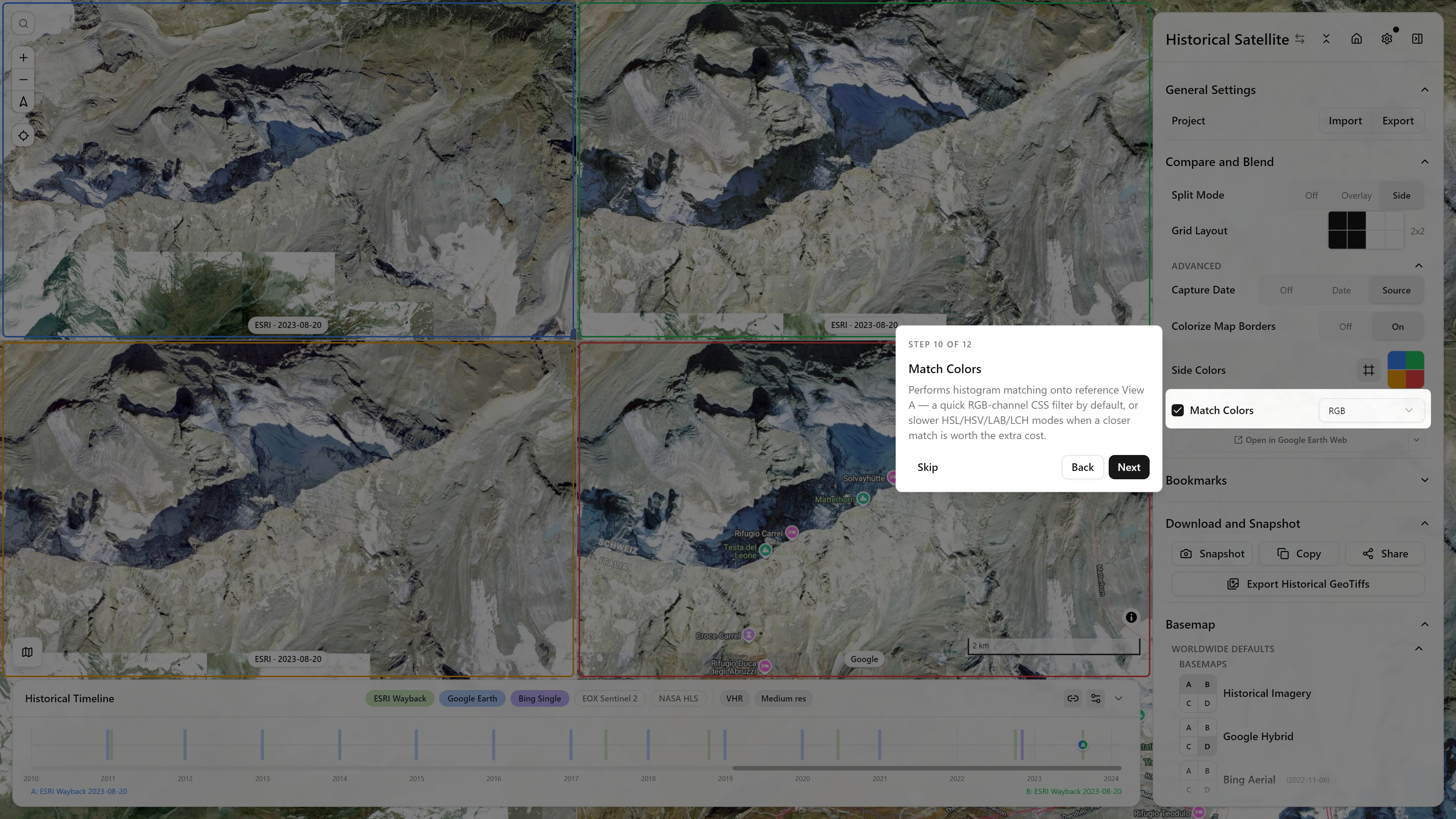 Step 10/12 — Match Colors Step 10 of 12, Match Colors — histogram matching onto reference view A